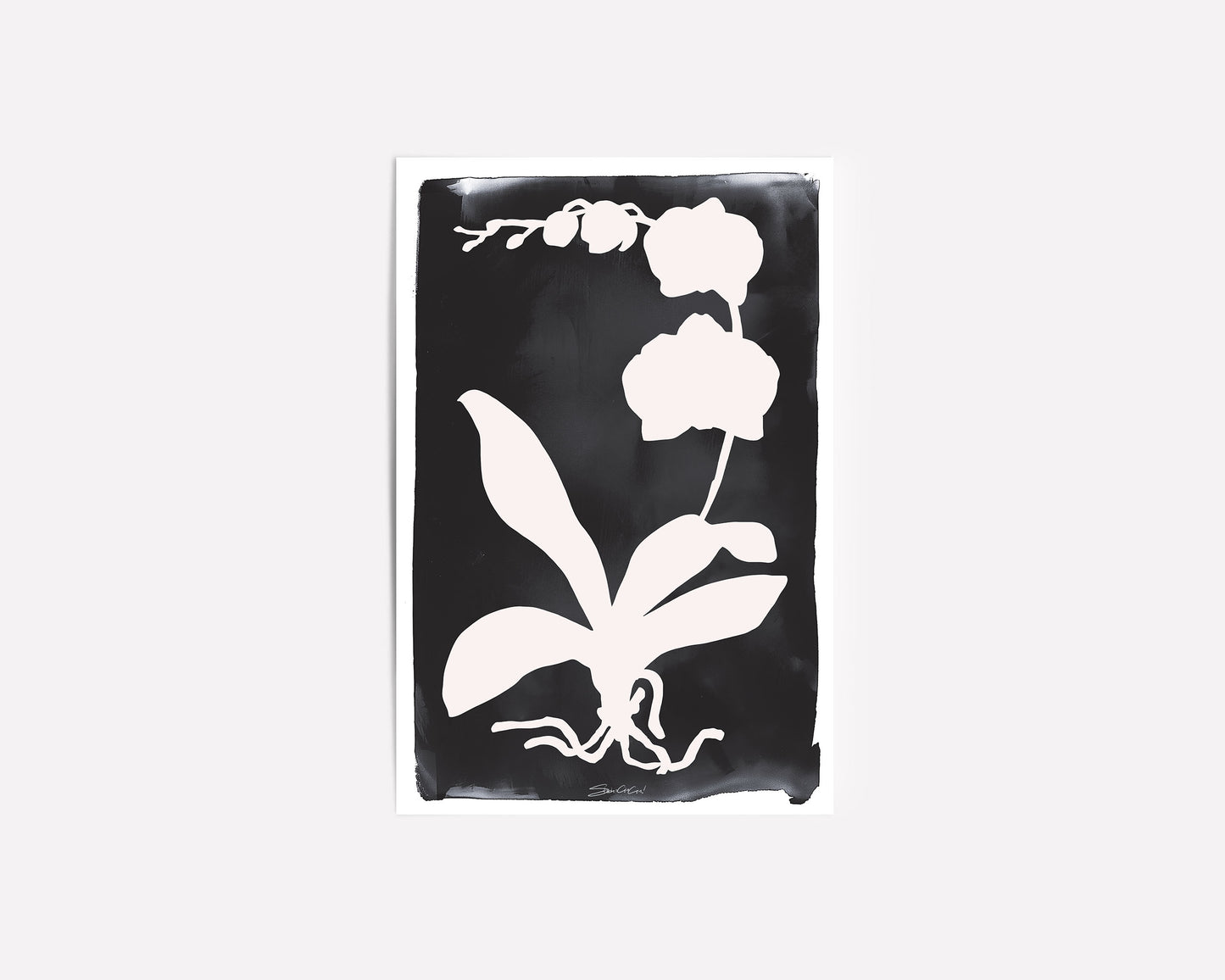 Minimalist orchid leaf and flower silhouette in white on a black background, creating a contemporary botanical art print for home decor.