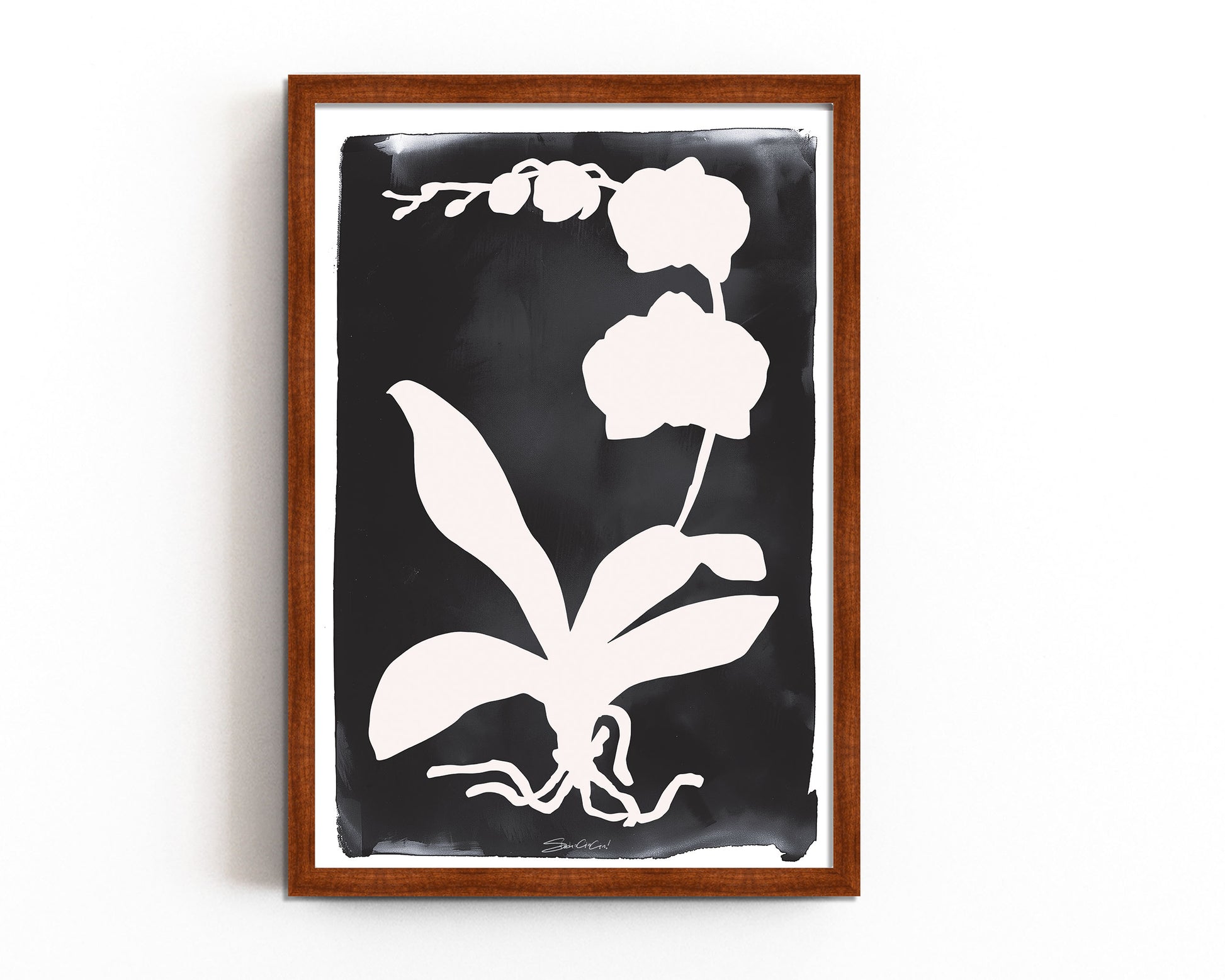 Minimalist orchid leaf and flower silhouette in white on a black background, creating a contemporary botanical art print for home decor.