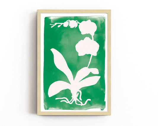 Minimalist orchid leaf and flower silhouette in white on a vibrant green background, creating a contemporary botanical art print for home decor.