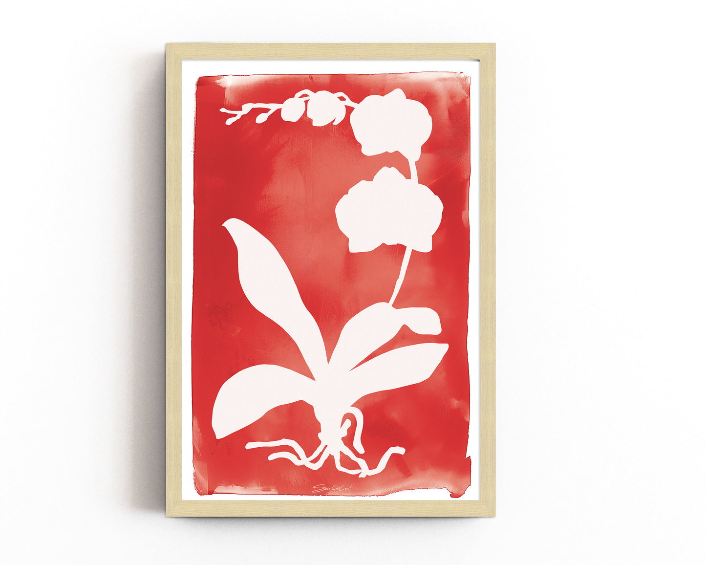 Minimalist orchid leaf and flower silhouette in white on a vibrant red background, creating a contemporary botanical art print for home decor.