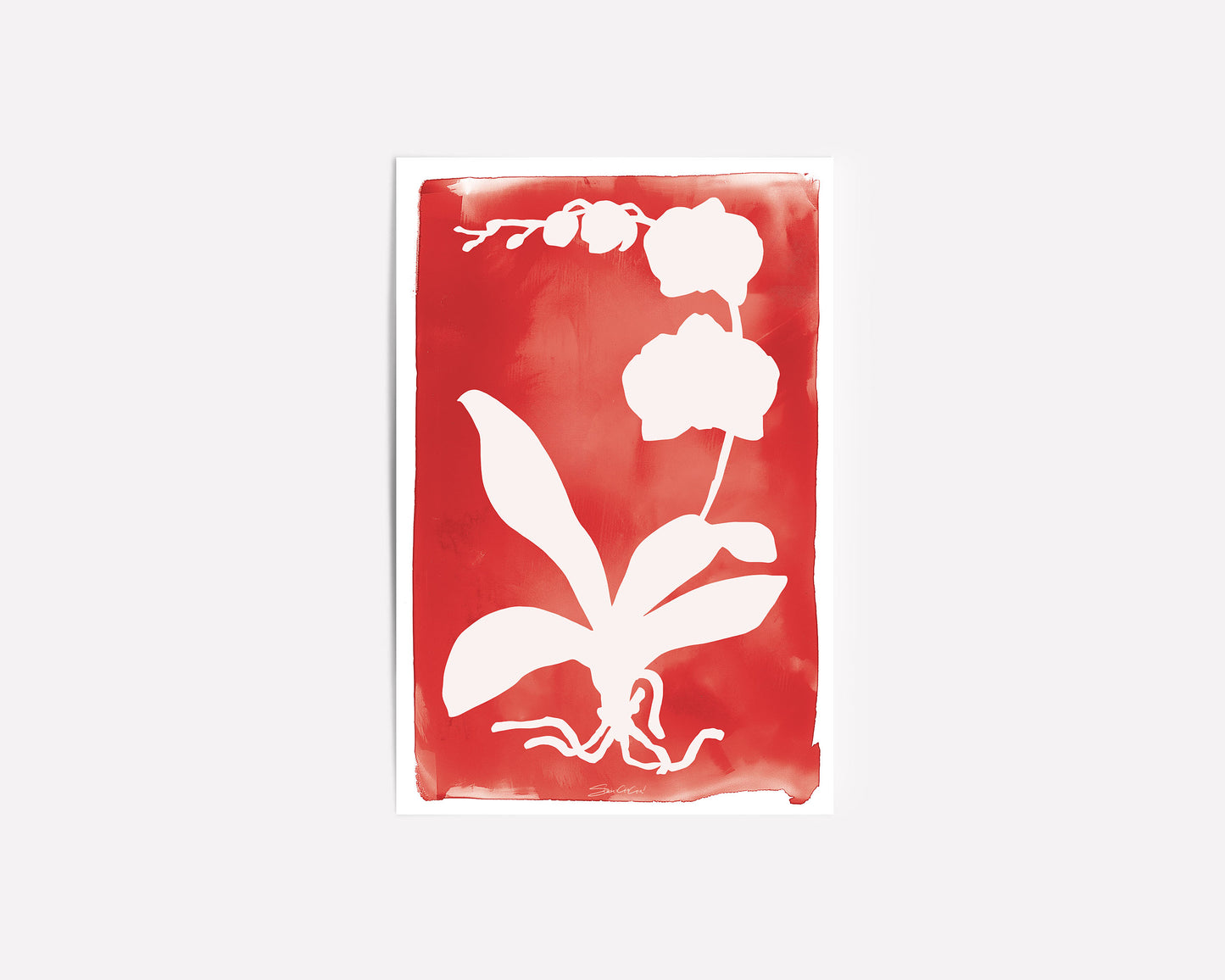 Minimalist orchid leaf and flower silhouette in white on a vibrant red background, creating a contemporary botanical art print for home decor.