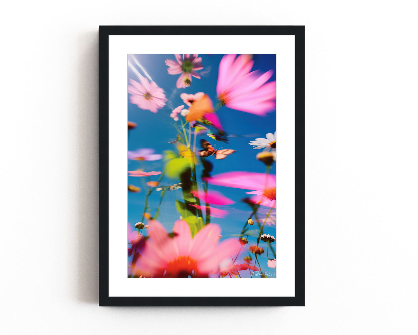 A vibrant and surreal floral print with blurred petals, capturing a dreamlike garden with prismatic colors in motion, titled Prismatica.