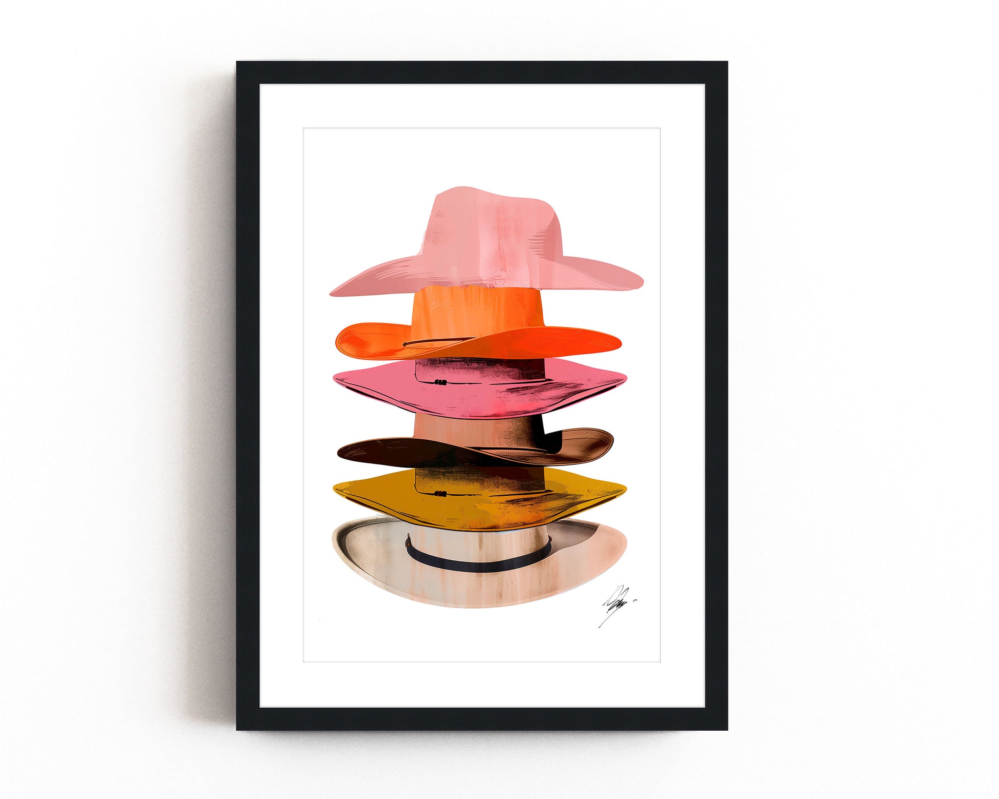 A vibrant art print featuring a colorful stack of cowboy hats in pop art style, blending southwestern and modern aesthetics.