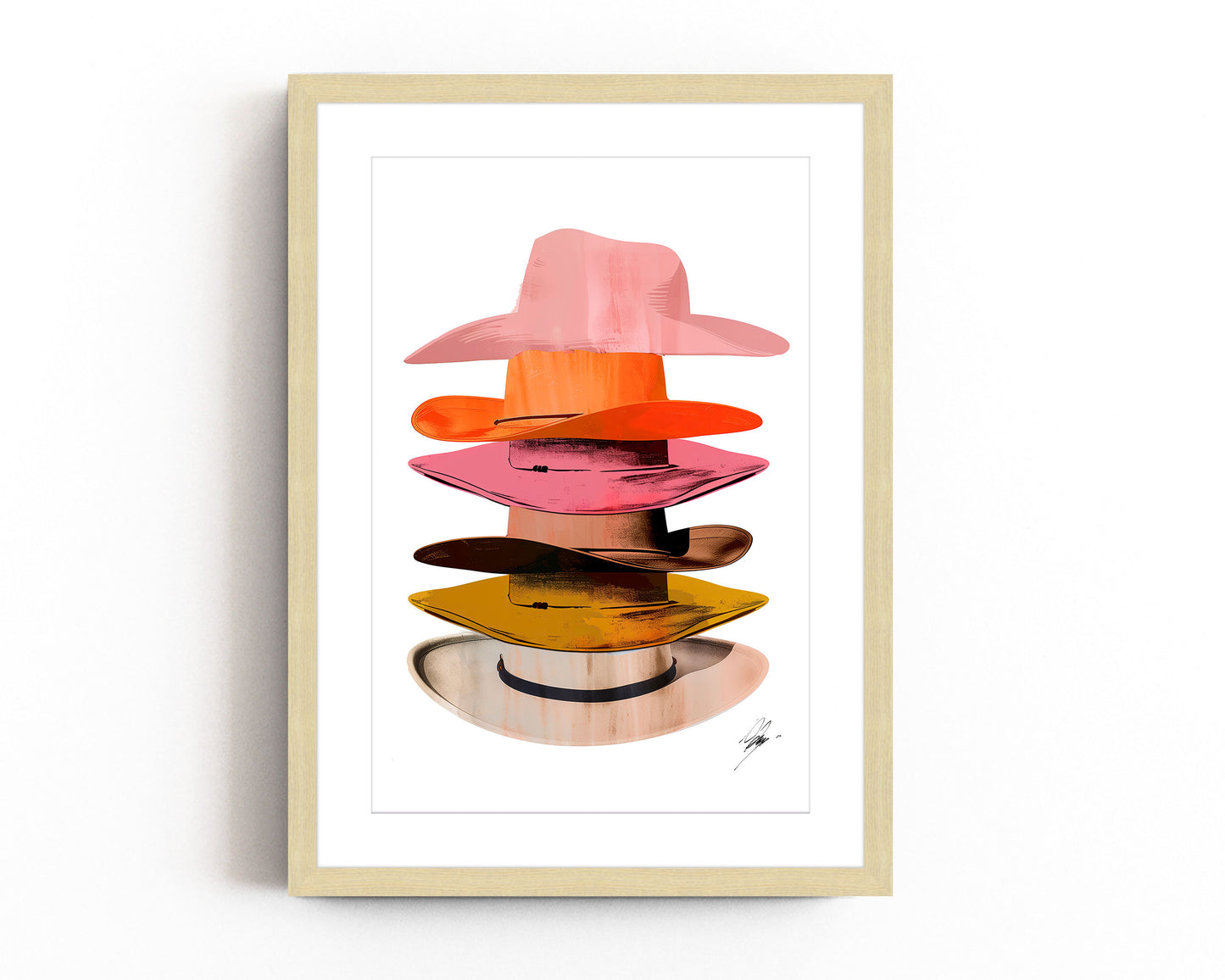 A vibrant art print featuring a colorful stack of cowboy hats in pop art style, blending southwestern and modern aesthetics.