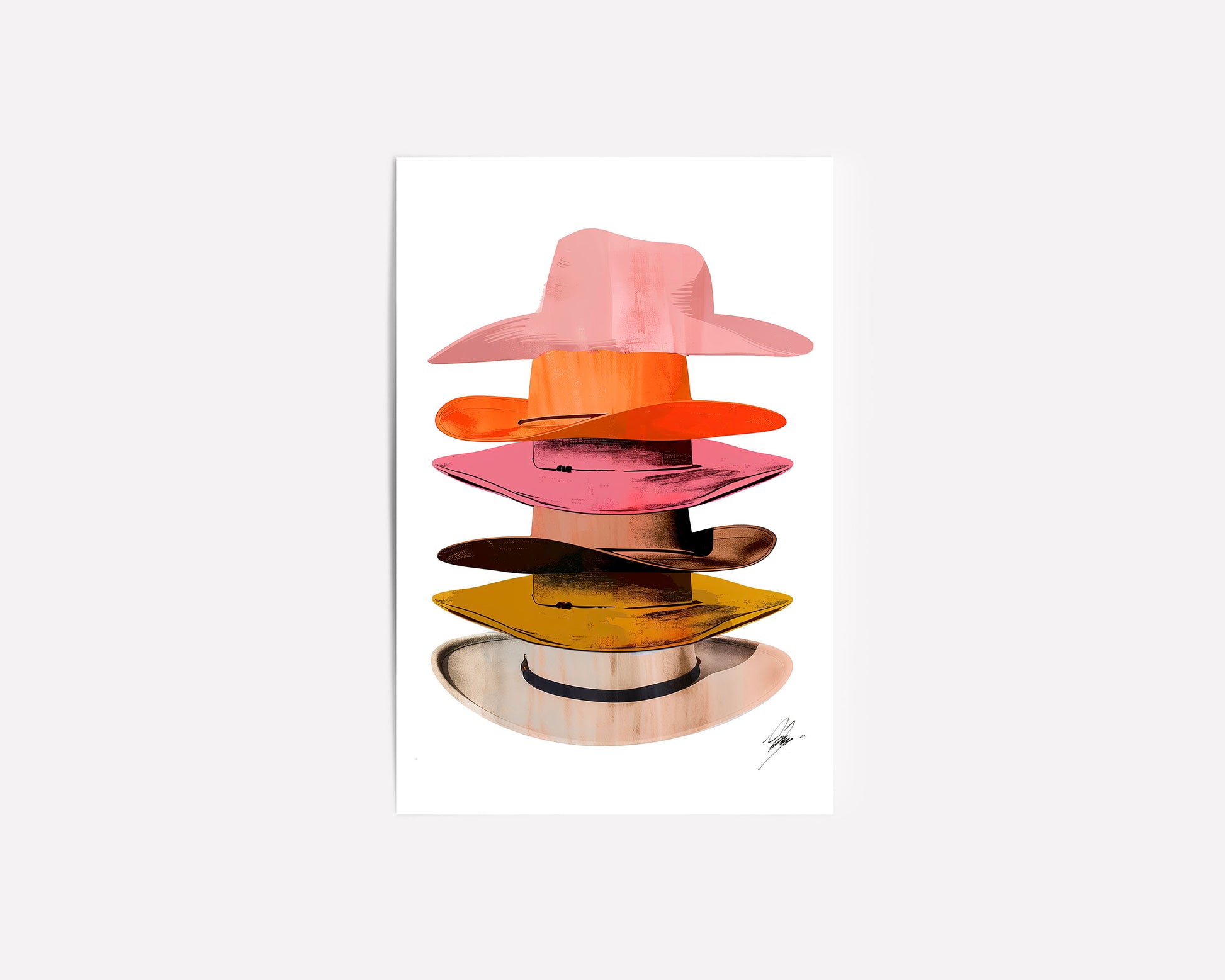 A vibrant art print featuring a colorful stack of cowboy hats in pop art style, blending southwestern and modern aesthetics.