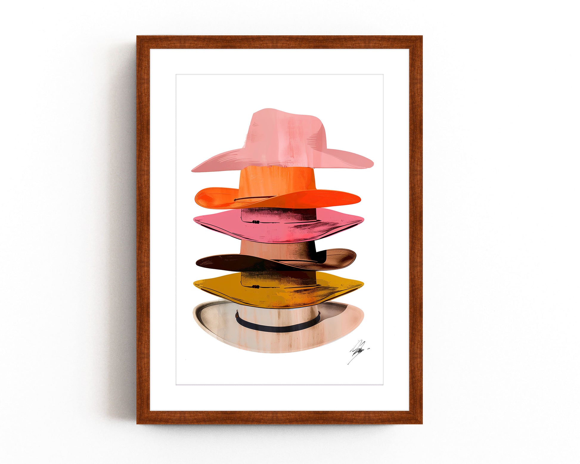 A vibrant art print featuring a colorful stack of cowboy hats in pop art style, blending southwestern and modern aesthetics.