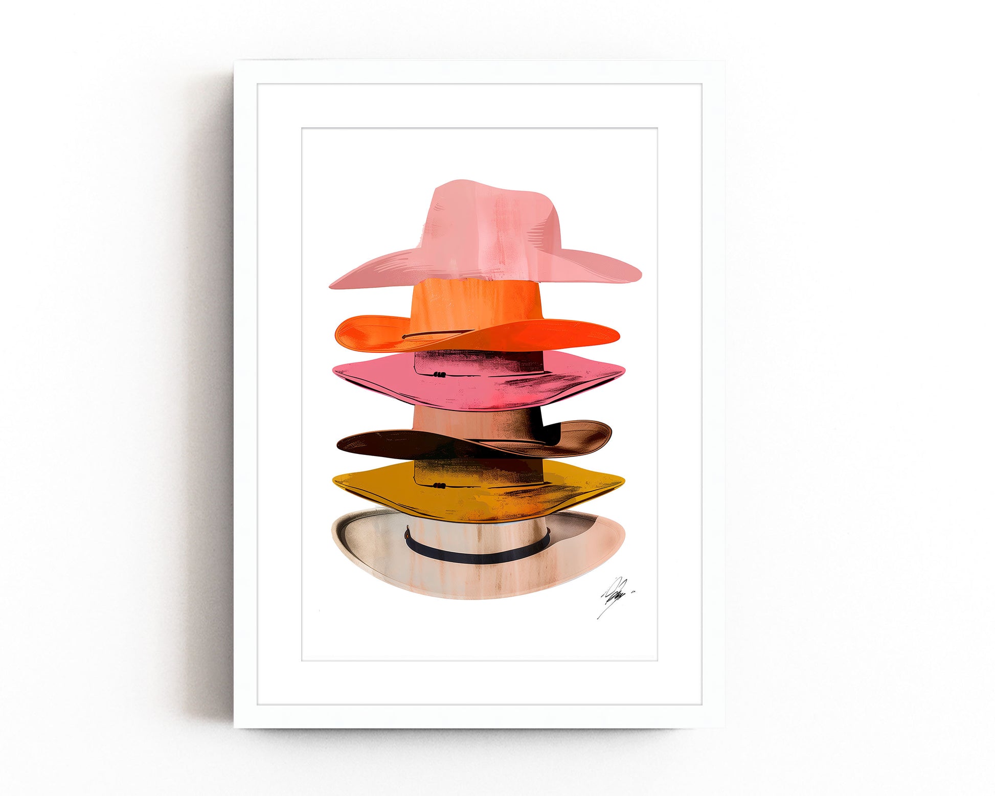 A vibrant art print featuring a colorful stack of cowboy hats in pop art style, blending southwestern and modern aesthetics.