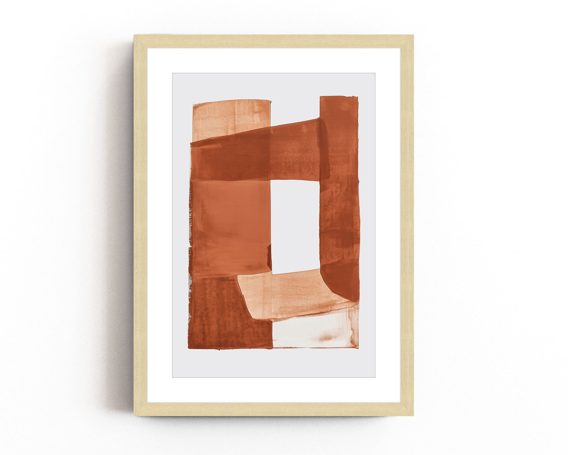 Minimalist abstract art print with geometric shapes in warm earth tones for a contemporary or mid-century modern aesthetic.