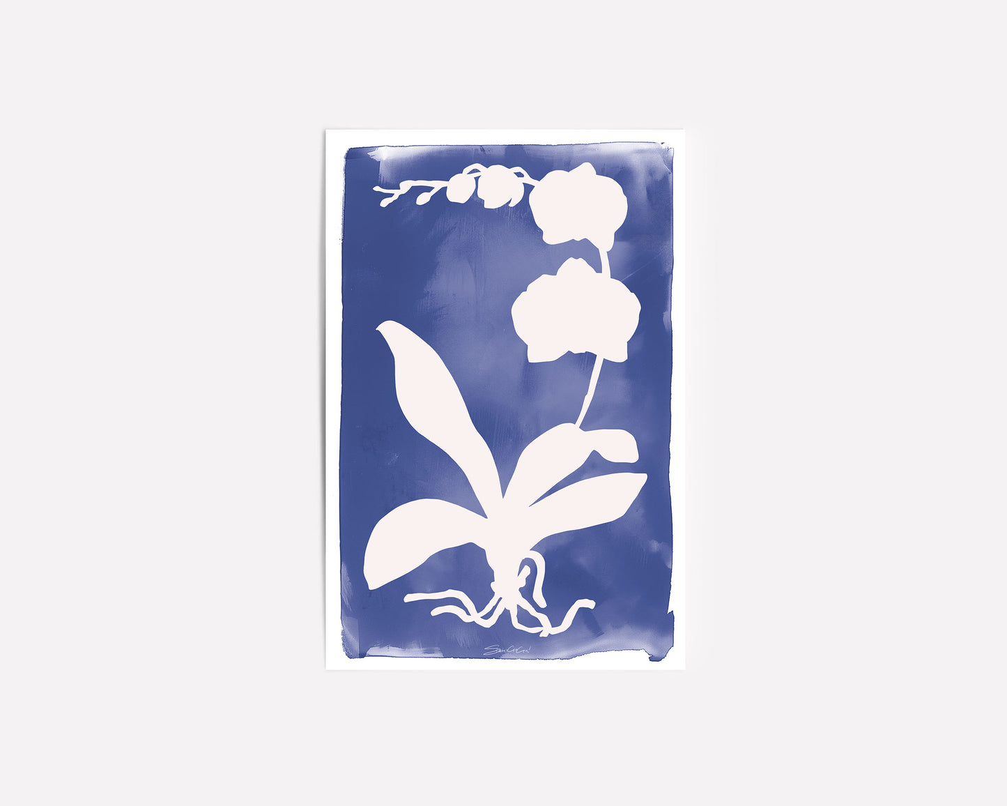 Minimalist orchid leaf and flower silhouette in white on a vibrant blue background, creating a contemporary botanical art print for home decor.