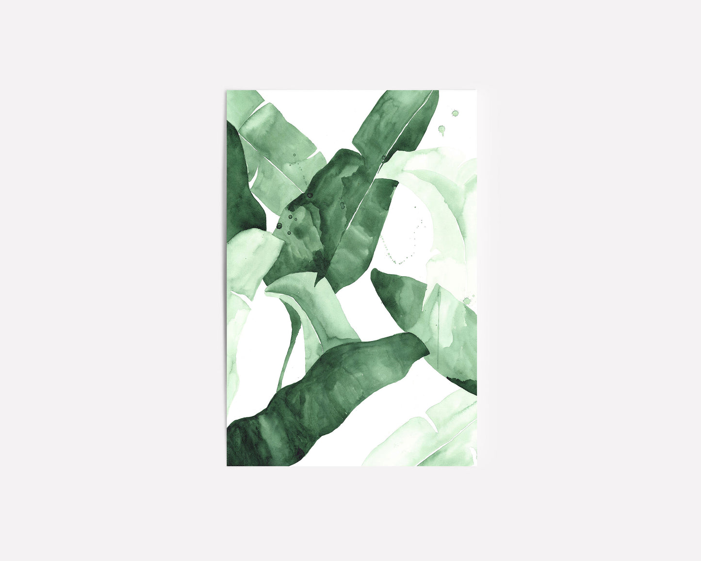 Abstract watercolor artwork featuring banana leaves in various shades of green, creating a tropical and nature-inspired aesthetic.