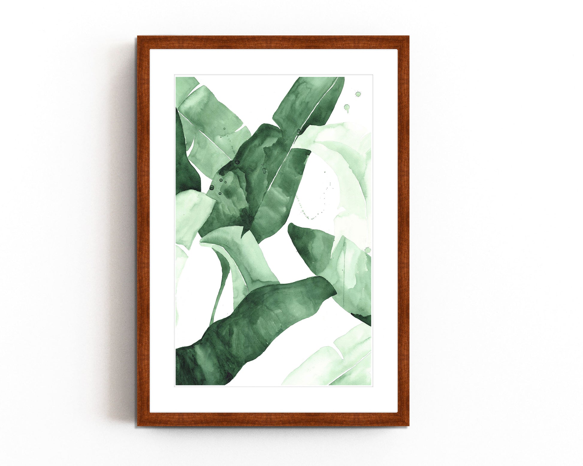 Abstract watercolor artwork featuring banana leaves in various shades of green, creating a tropical and nature-inspired aesthetic.