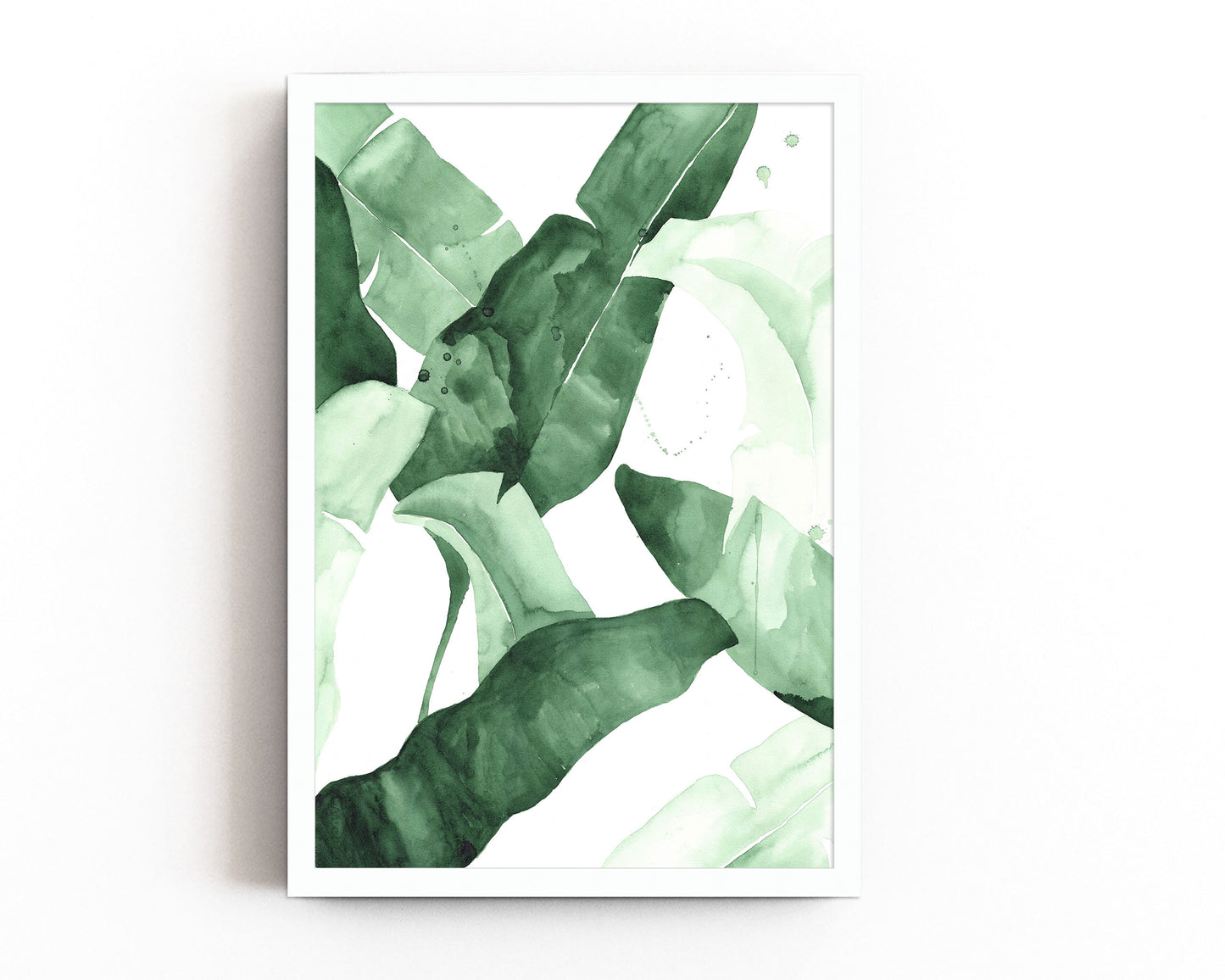 Abstract watercolor artwork featuring banana leaves in various shades of green, creating a tropical and nature-inspired aesthetic.