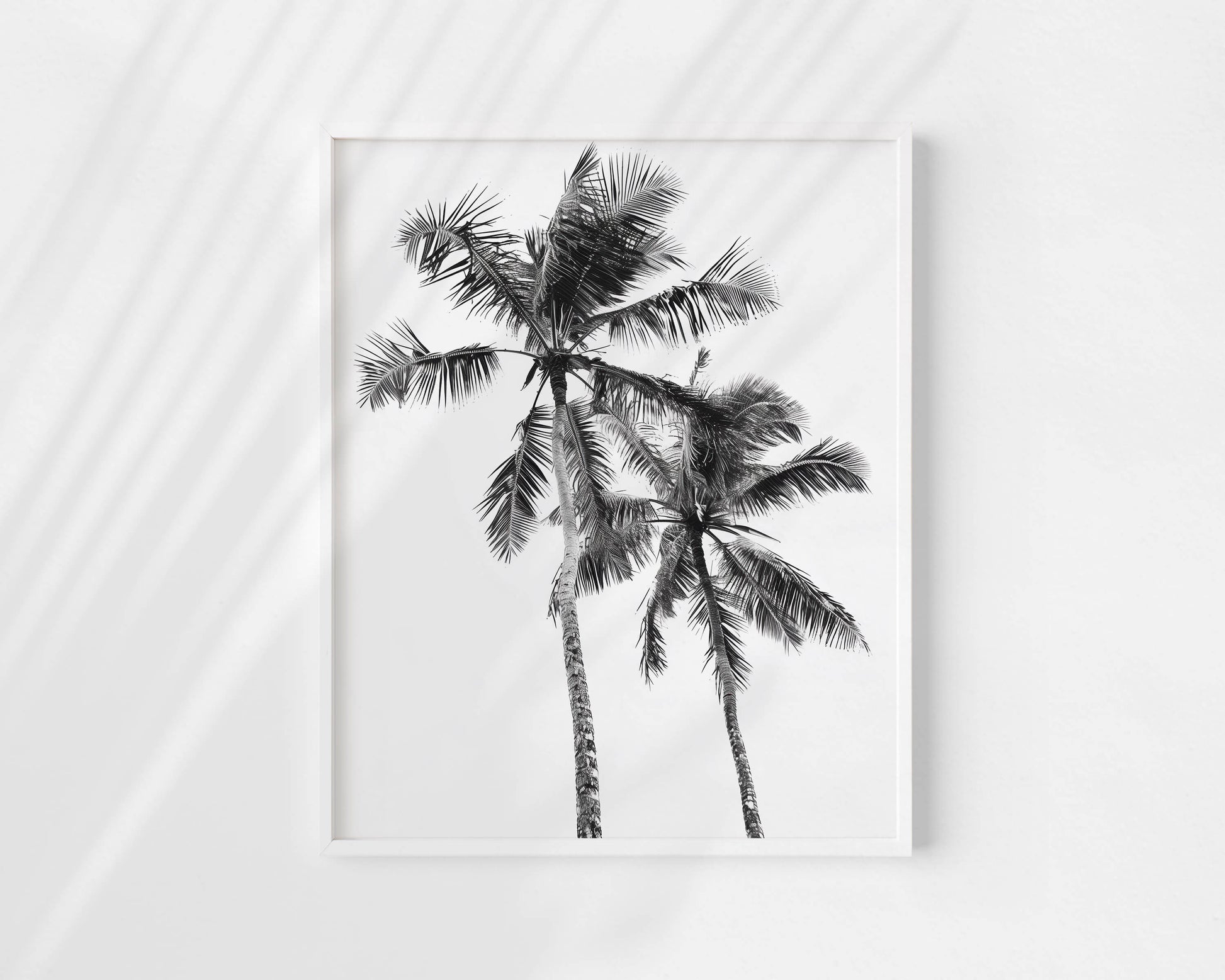 A framed black and white art print of two palm trees, displayed on a white wall with soft diagonal shadows.