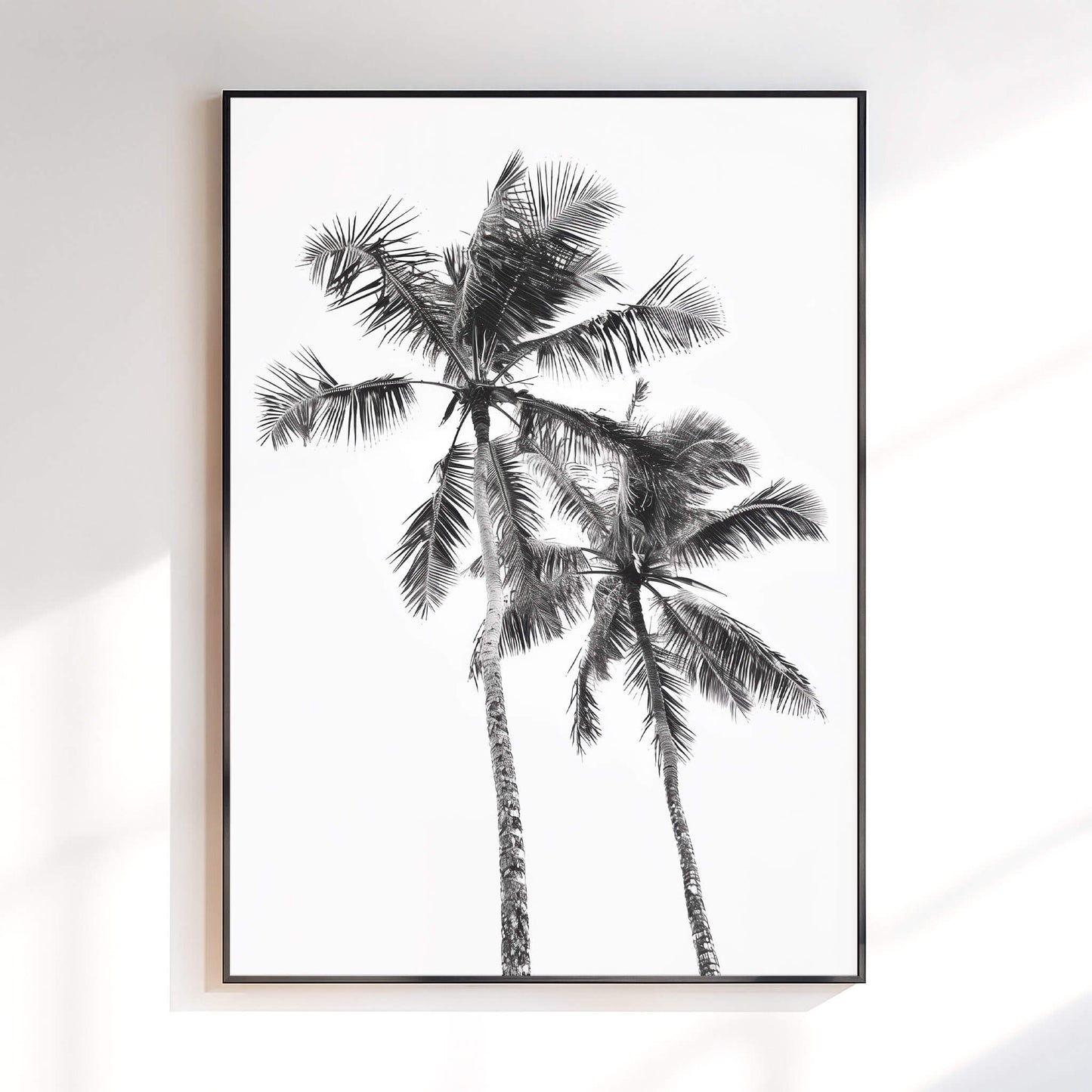 A framed black and white art print of two palm trees, displayed on a light-colored wall with soft window shadows.