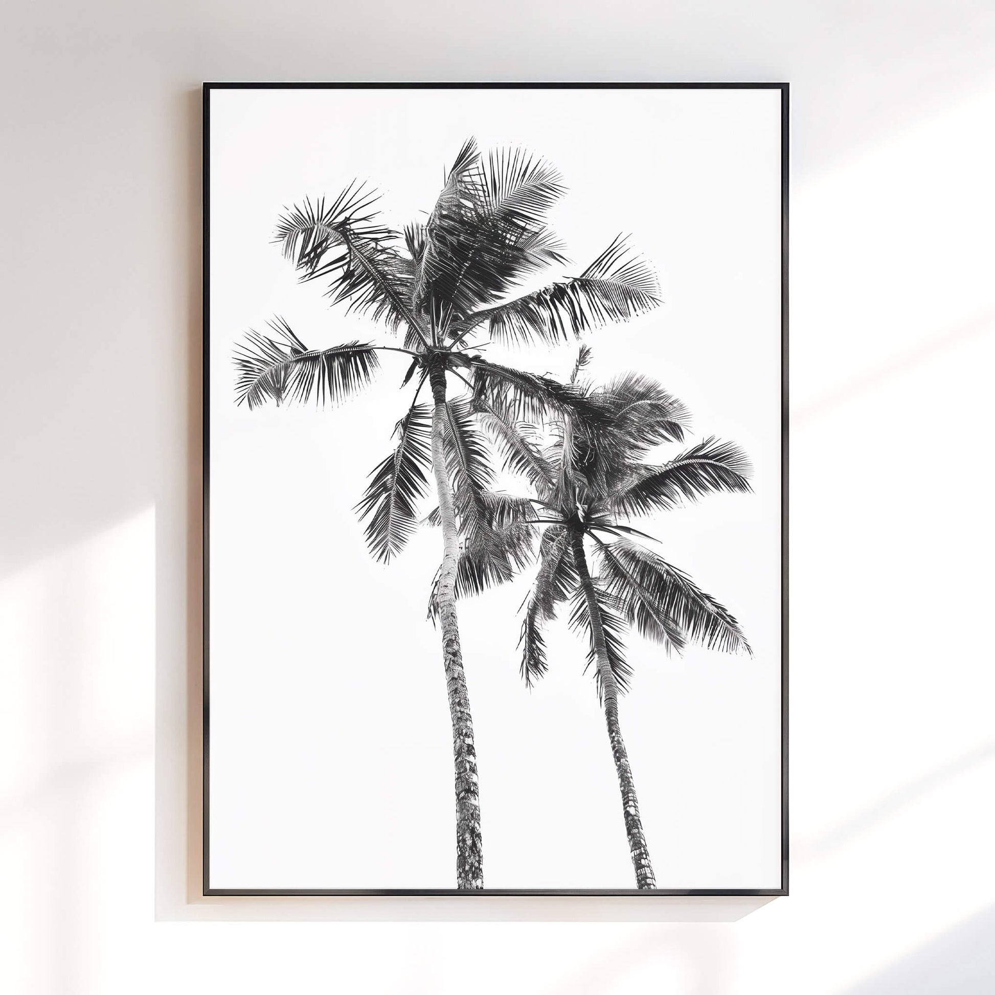A framed black and white art print of two palm trees, displayed on a light-colored wall with soft window shadows.