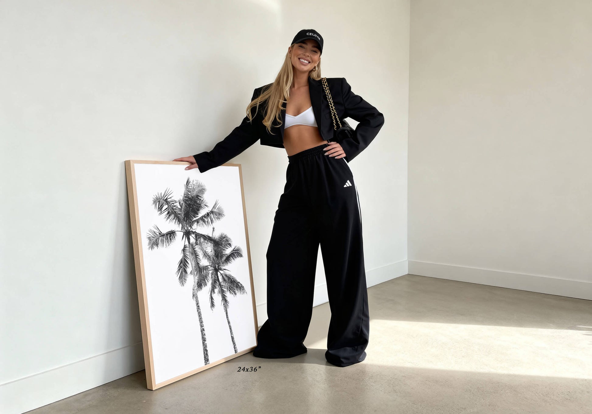 A woman stands in a bright room leaning a large framed black-and-white palm tree artwork against a wall, wearing a black blazer, black wide-leg sweatpants, a white sports bra, and a black cap.