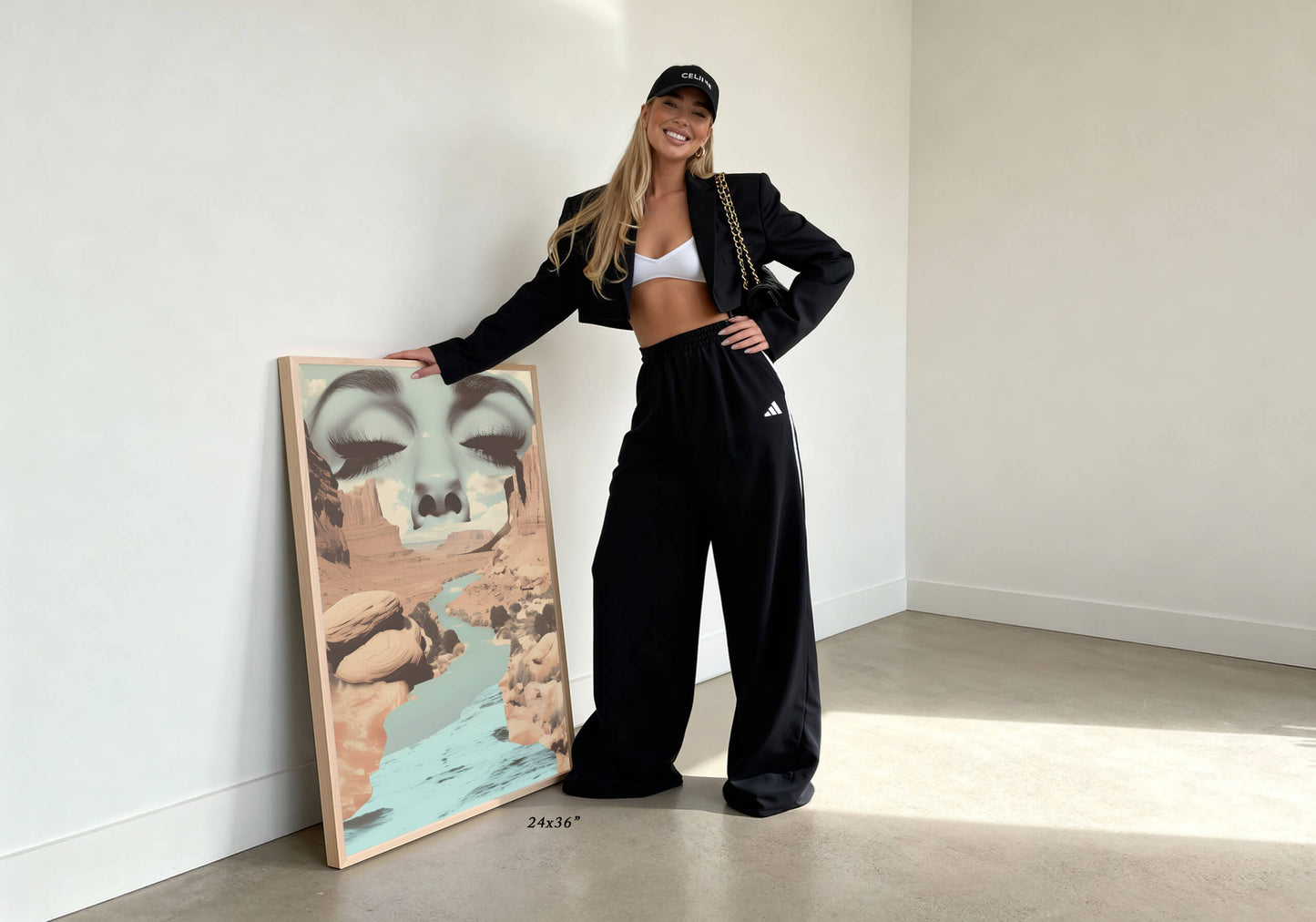 A woman stands in a minimalist room with white walls and a concrete floor, leaning against a framed landscape art print. She is wearing a black blazer, black wide-leg sweatpants, a white sports bra, and a black baseball cap.