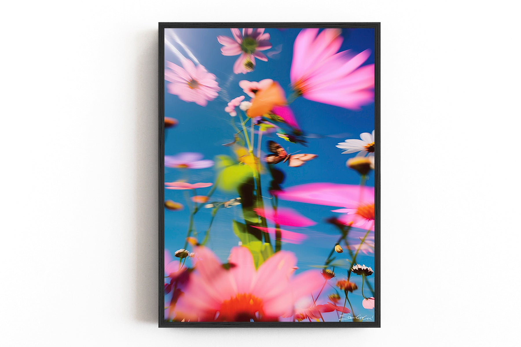 A vibrant and surreal floral print with blurred petals, capturing a dreamlike garden with prismatic colors in motion, titled Prismatica.