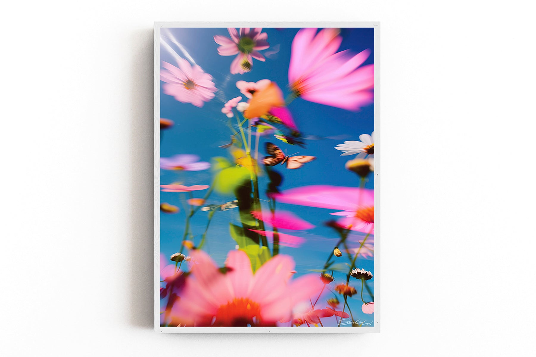 A vibrant and surreal floral print with blurred petals, capturing a dreamlike garden with prismatic colors in motion, titled Prismatica.