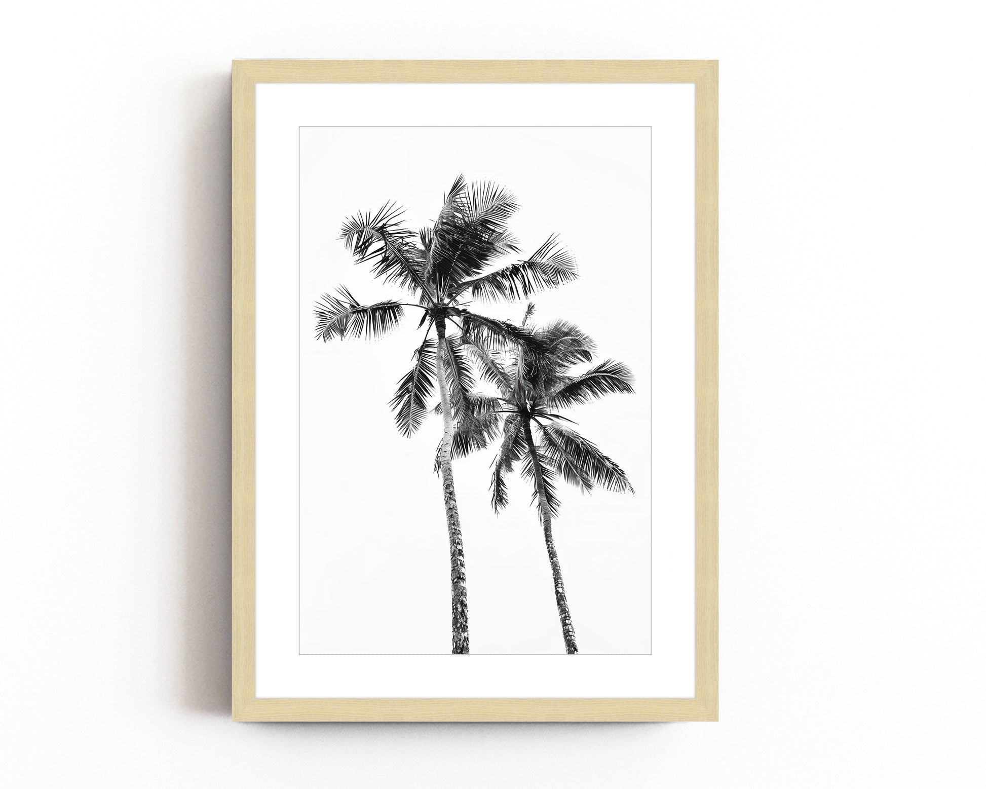  Monochrome black and white photograph of two palm trees set against a minimal sky, ideal for tropical-inspired modern home decor and nature wall art.