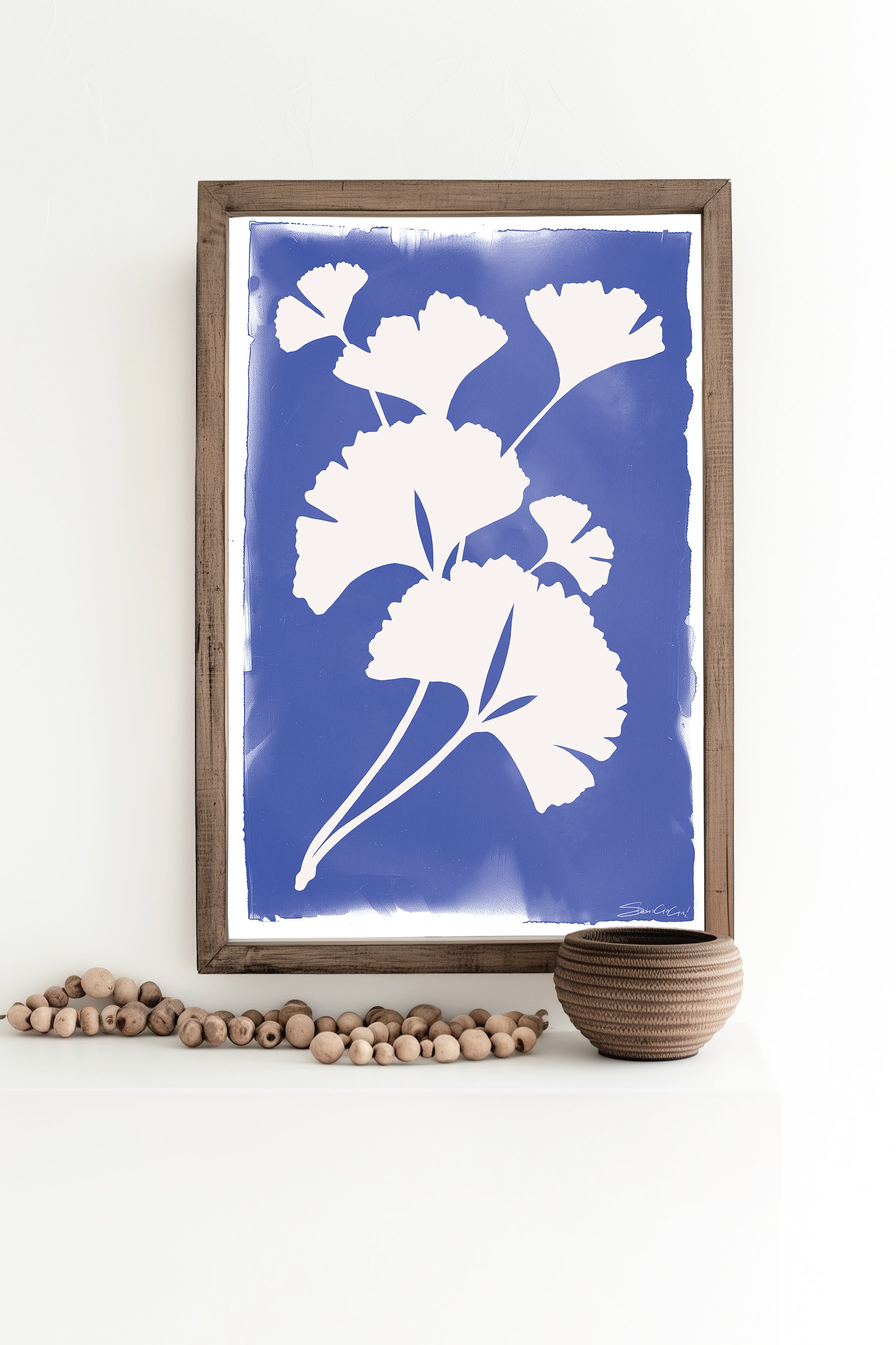 Botanical art print featuring minimalist ginkgo leaf silhouette in blue and white, perfect for nature-inspired and large size wall art.