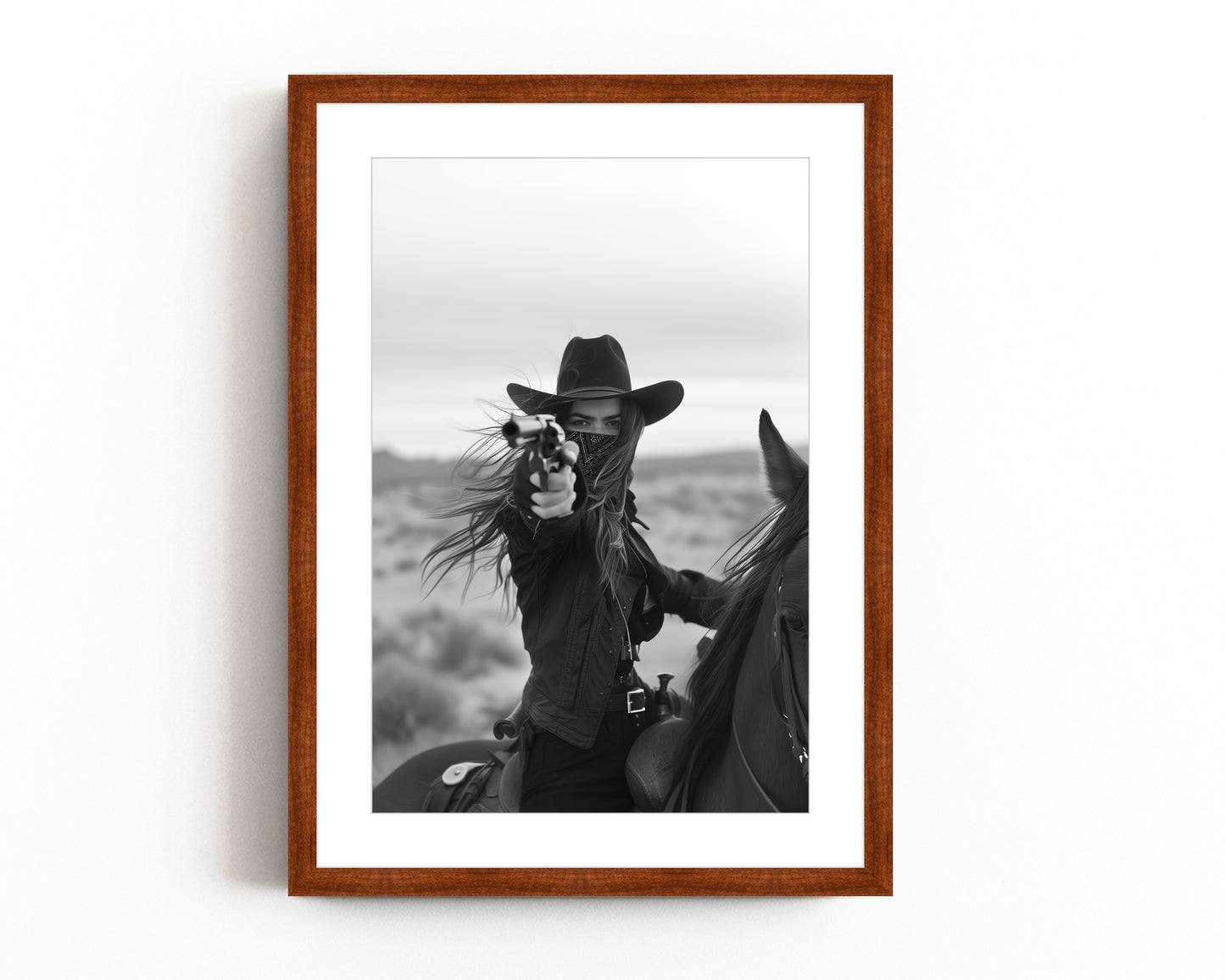 Black and white photograph of a female cowboy riding a horse, wearing a hat and bandana, aiming a revolver directly at the camera. The image captures a powerful, dramatic moment with a Western theme.