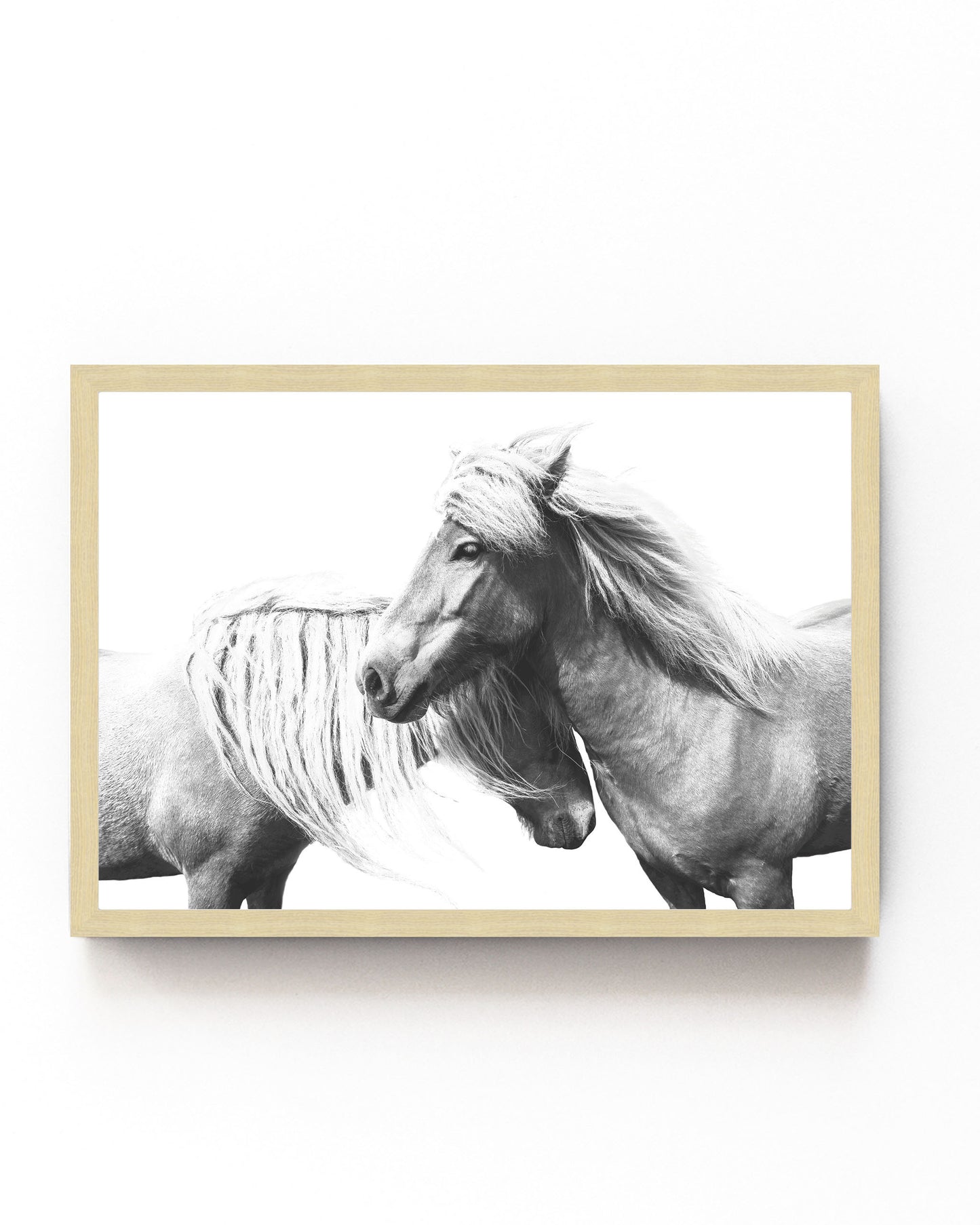 Black-and-white art print of two still wild horses with flowing manes, perfect for rustic farmhouse or equestrian-inspired decor.