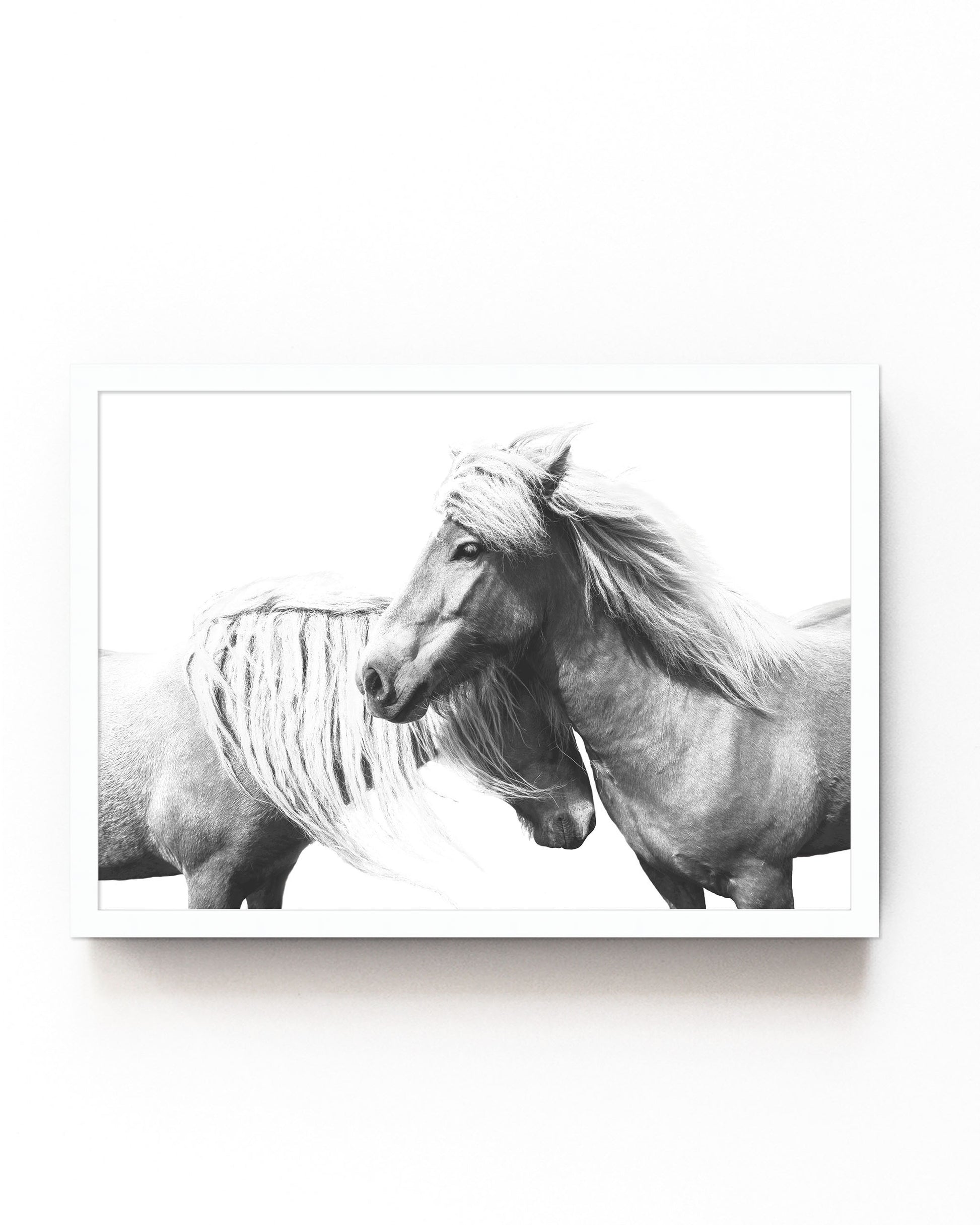 Black-and-white art print of two still wild horses with flowing manes, perfect for rustic farmhouse or equestrian-inspired decor.