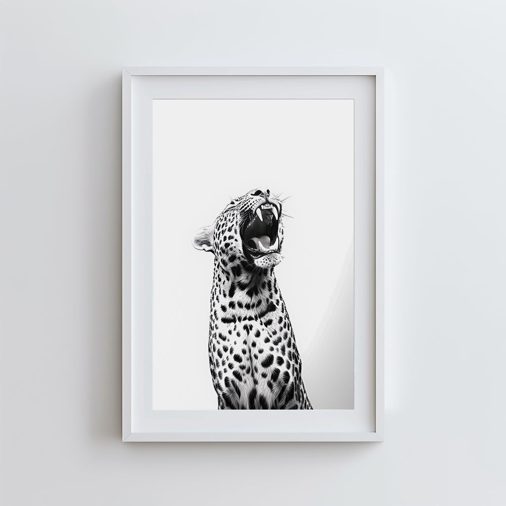 A striking black-and-white art print of a roaring leopard, perfect for modern and minimalist interiors.