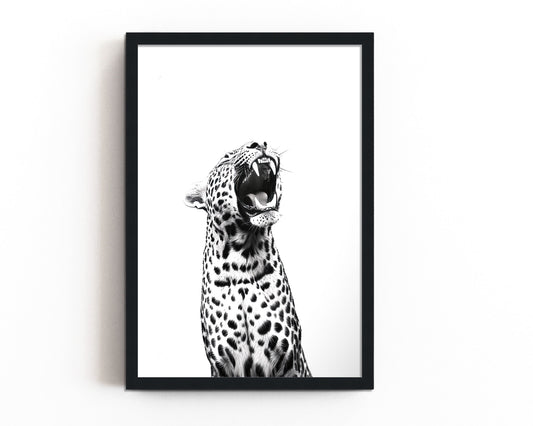 A striking black-and-white art print of a roaring leopard, perfect for modern and minimalist interiors.