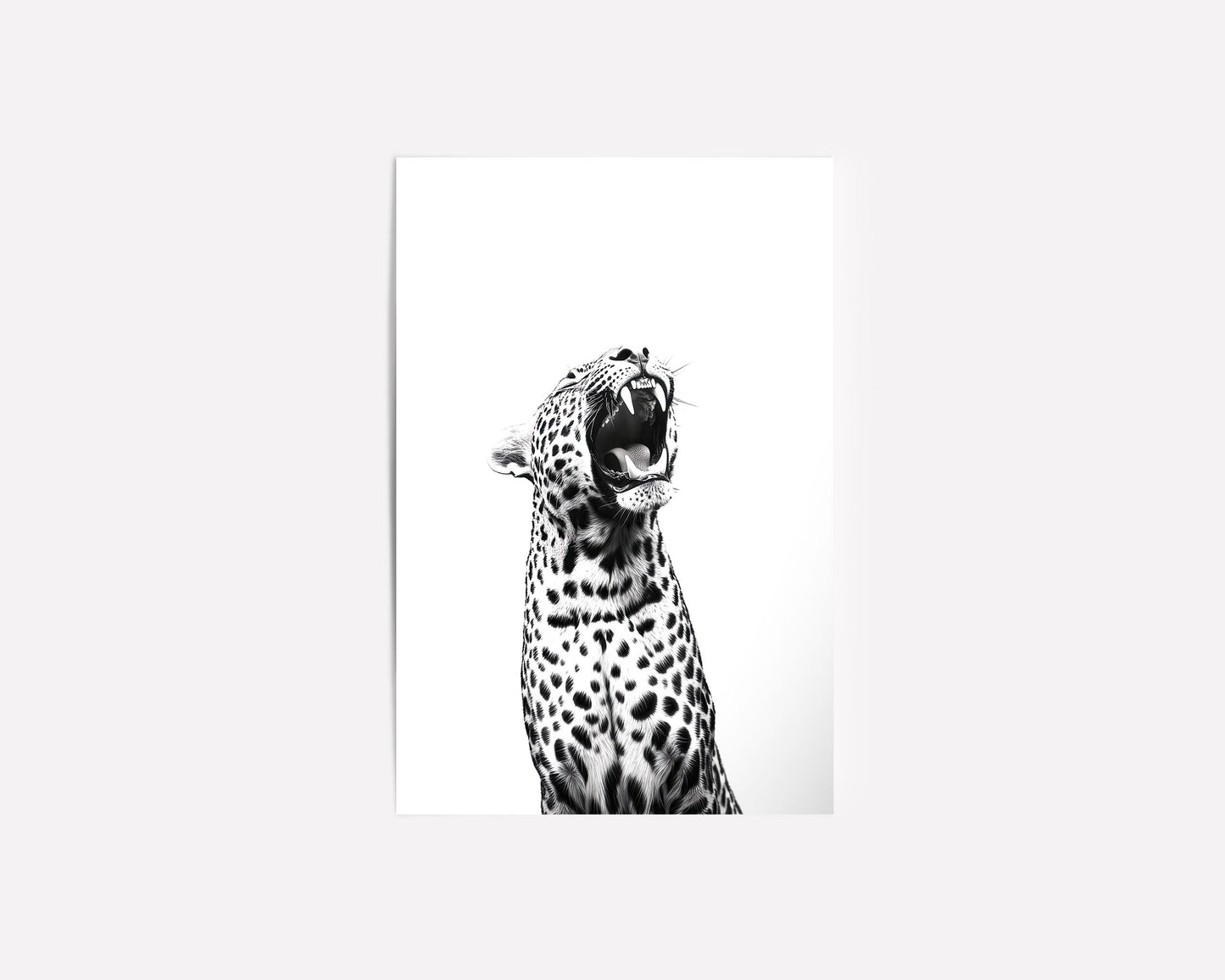 A striking black-and-white art print of a roaring leopard, perfect for modern and minimalist interiors.