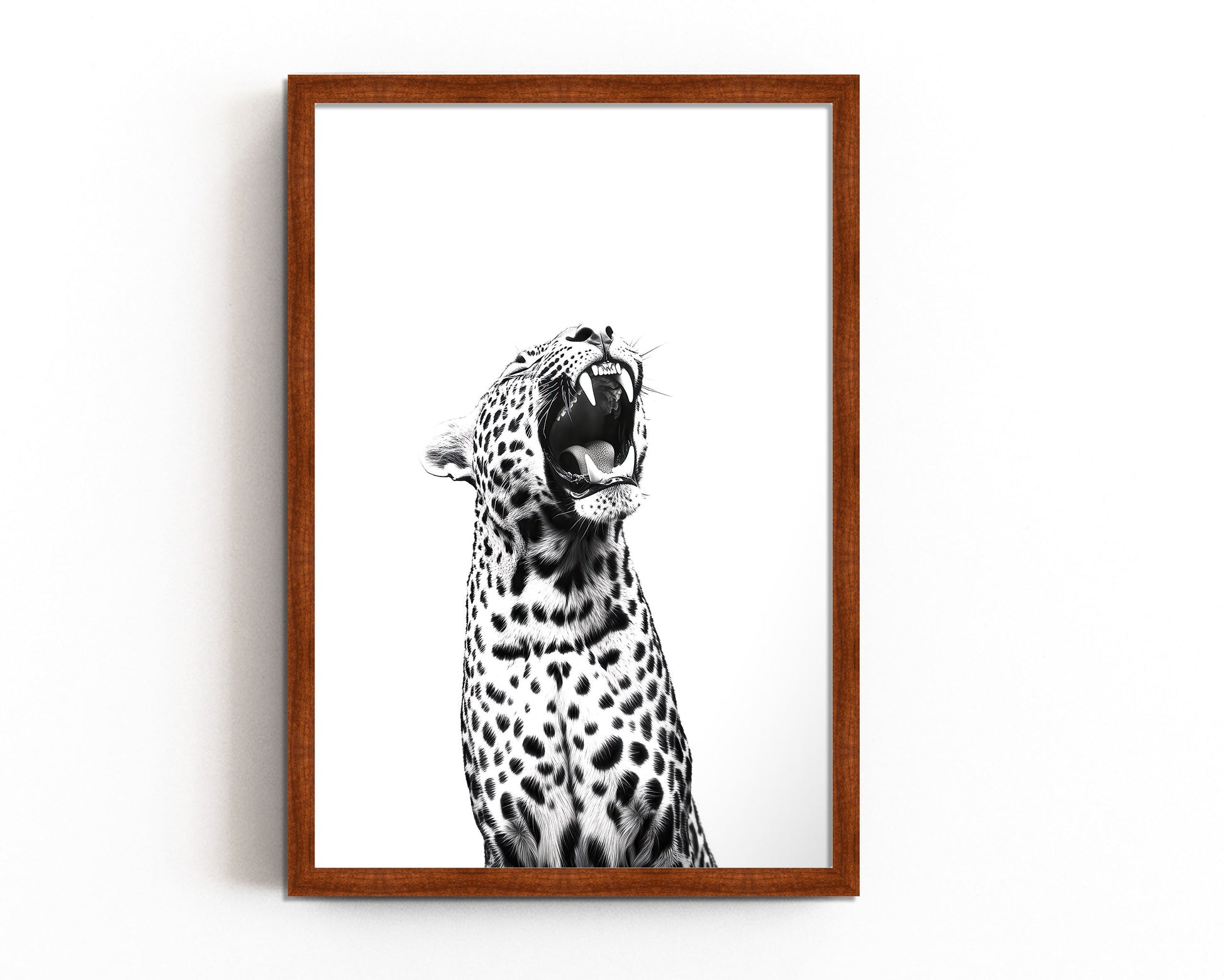 A striking black-and-white art print of a roaring leopard, perfect for modern and minimalist interiors.