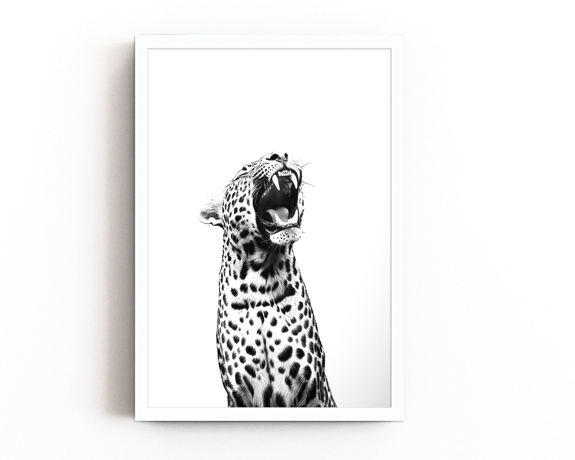 A striking black-and-white art print of a roaring leopard, perfect for modern and minimalist interiors.