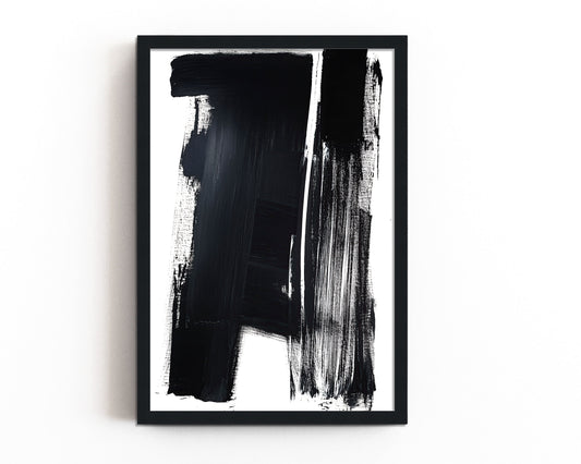 Abstract monochrome art print with bold black and white brush strokes for a modern, minimalist interior wall decor.
