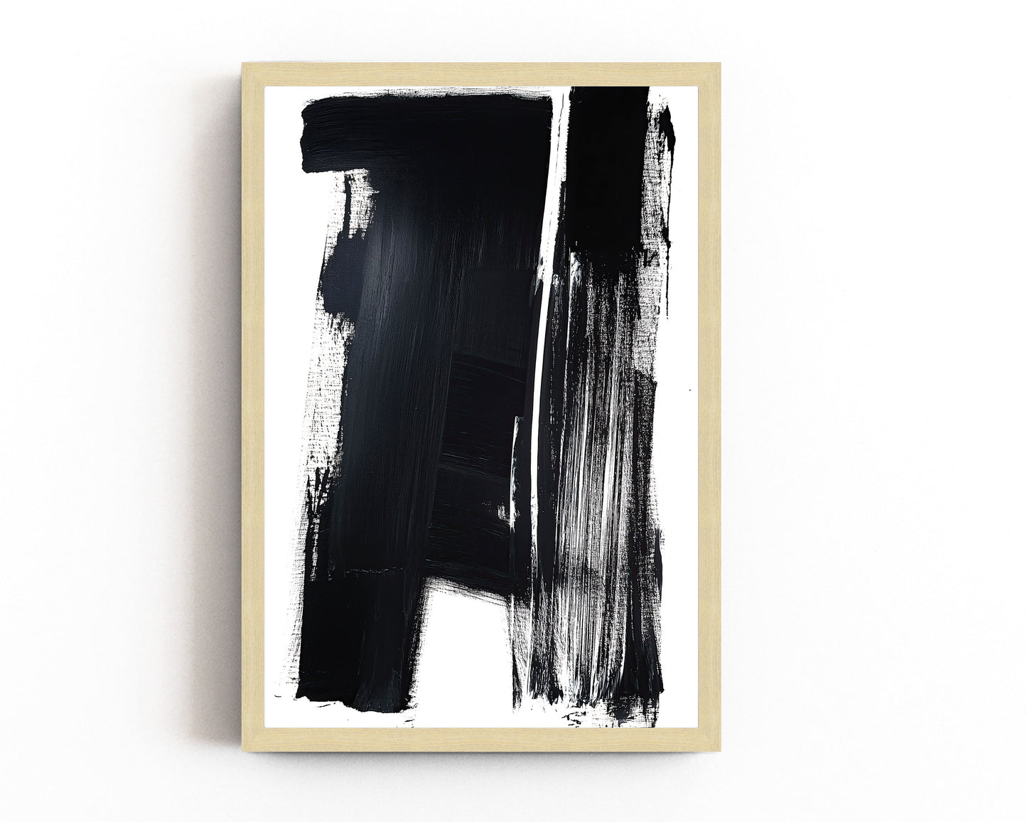 Abstract monochrome art print with bold black and white brush strokes for a modern, minimalist interior wall decor.
