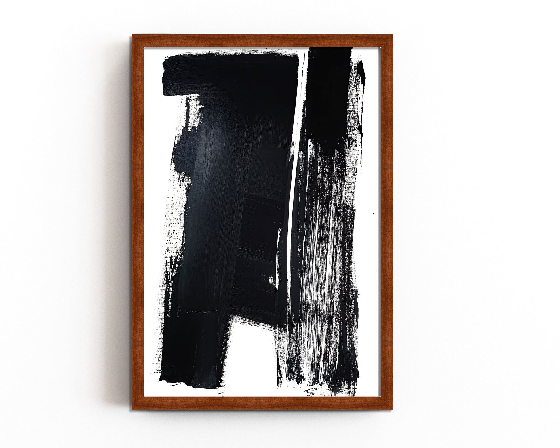 Abstract monochrome art print with bold black and white brush strokes for a modern, minimalist interior wall decor.
