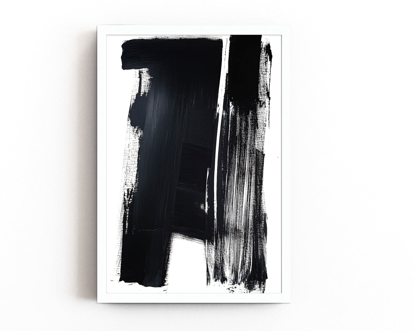 Abstract monochrome art print with bold black and white brush strokes for a modern, minimalist interior wall decor.
