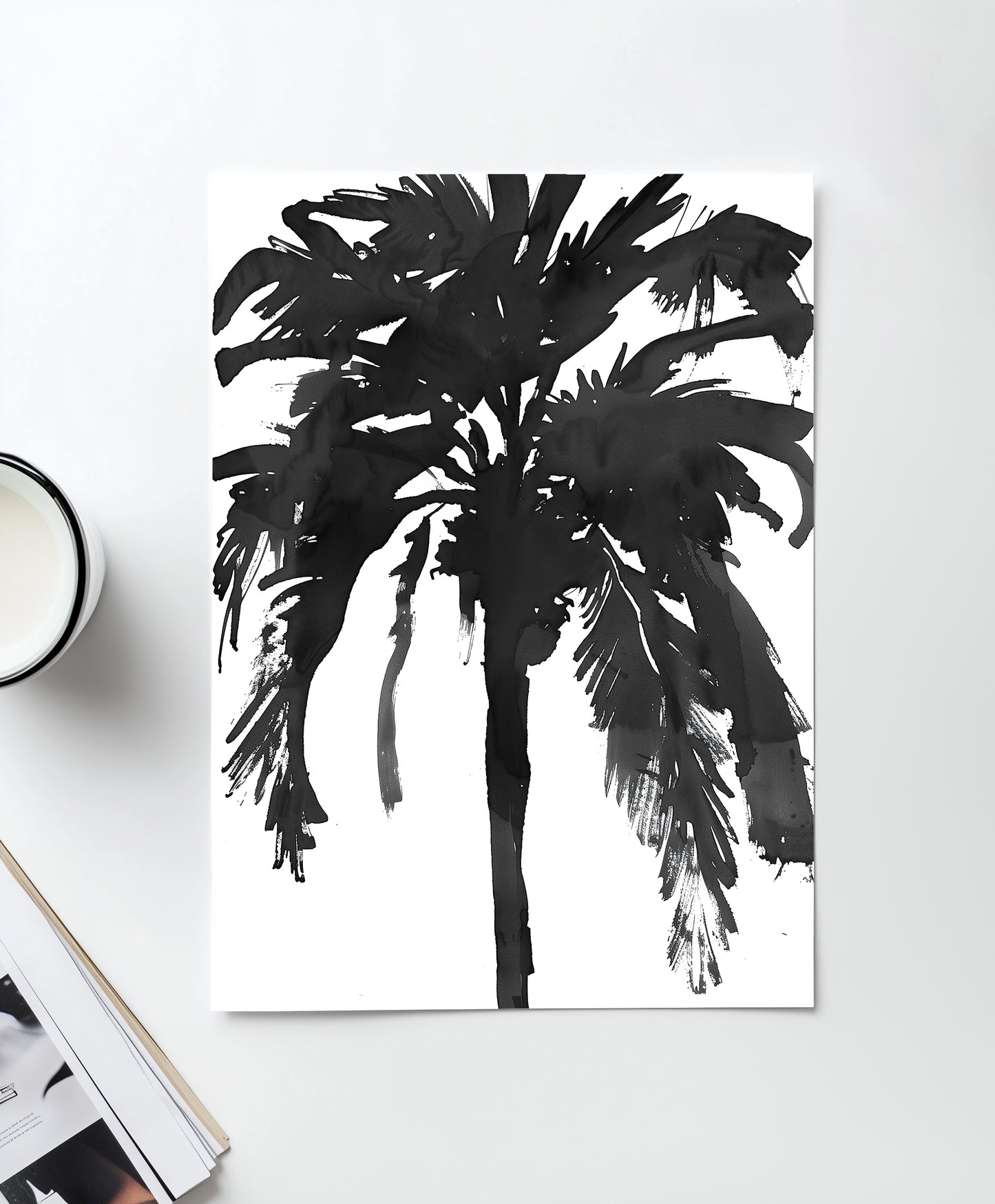 Black and white silhouette of a palm tree, featuring a minimalist abstract design that adds bold tropical elegance to modern interiors.