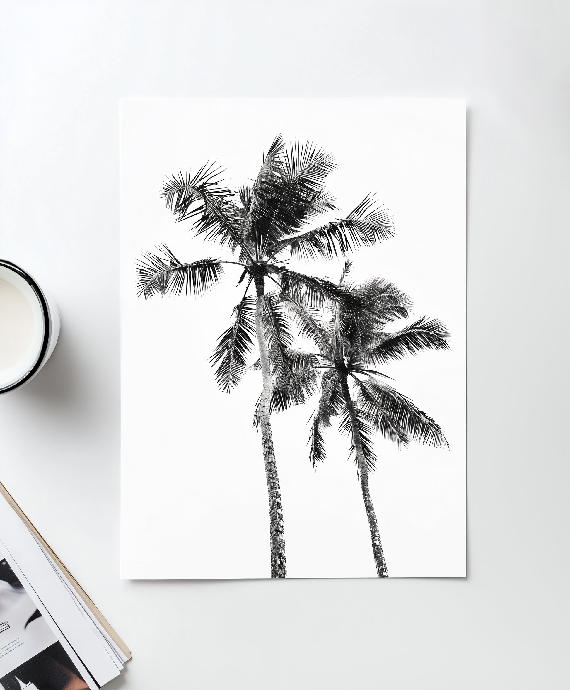 Black and white photograph of two palm trees standing tall, perfect for adding a minimalist and tropical touch to your home decor.