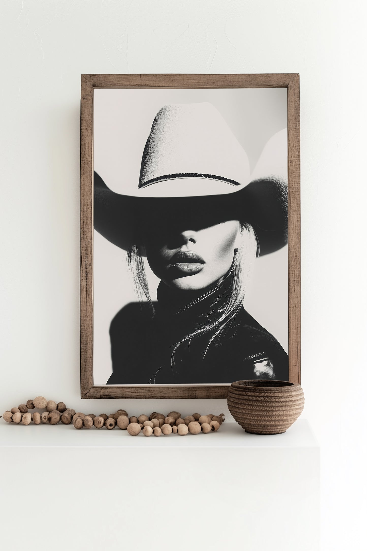 High-contrast black-and-white portrait of a model wearing a cowboy hat, blending minimalist western aesthetics with modern sophistication.