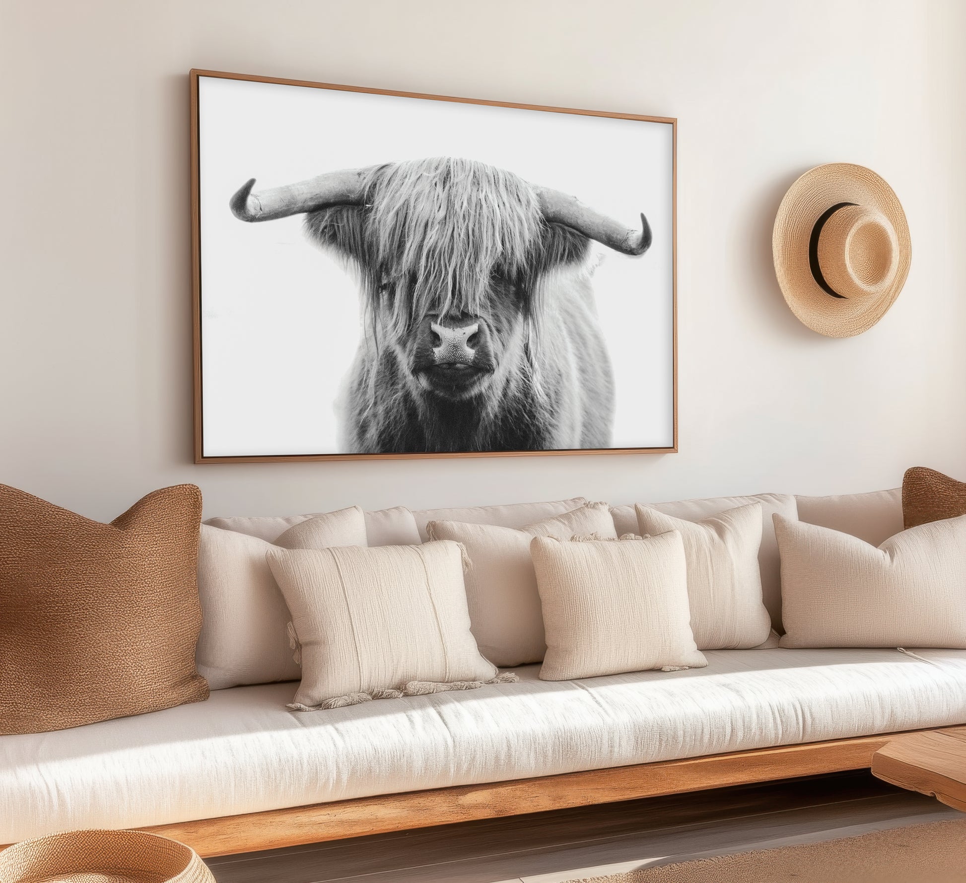 Black-and-white Highland cow portrait art print, perfect for rustic farmhouse or modern decor with minimalist charm.