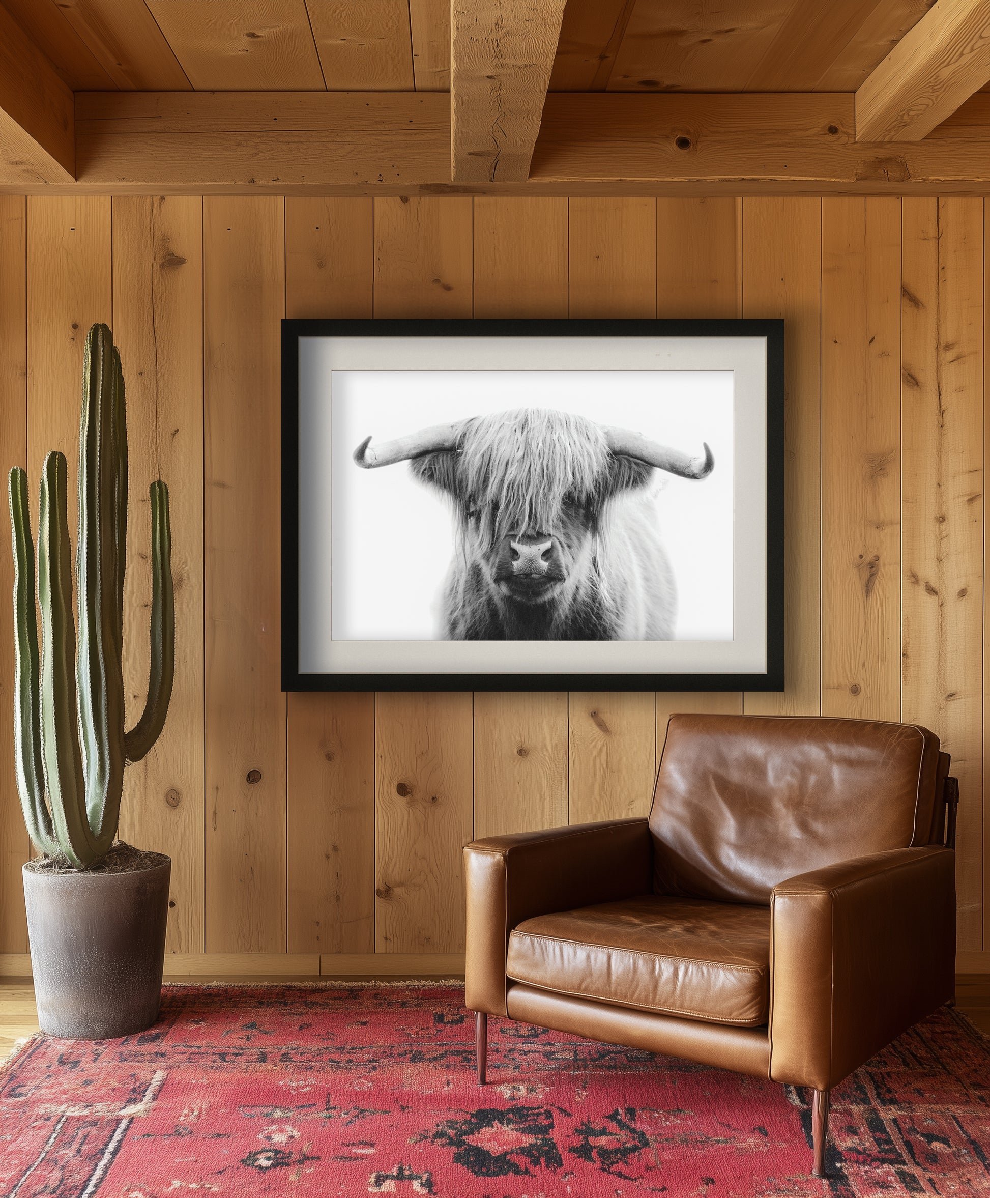 Black-and-white Highland cow portrait art print, perfect for rustic farmhouse or modern decor with minimalist charm.