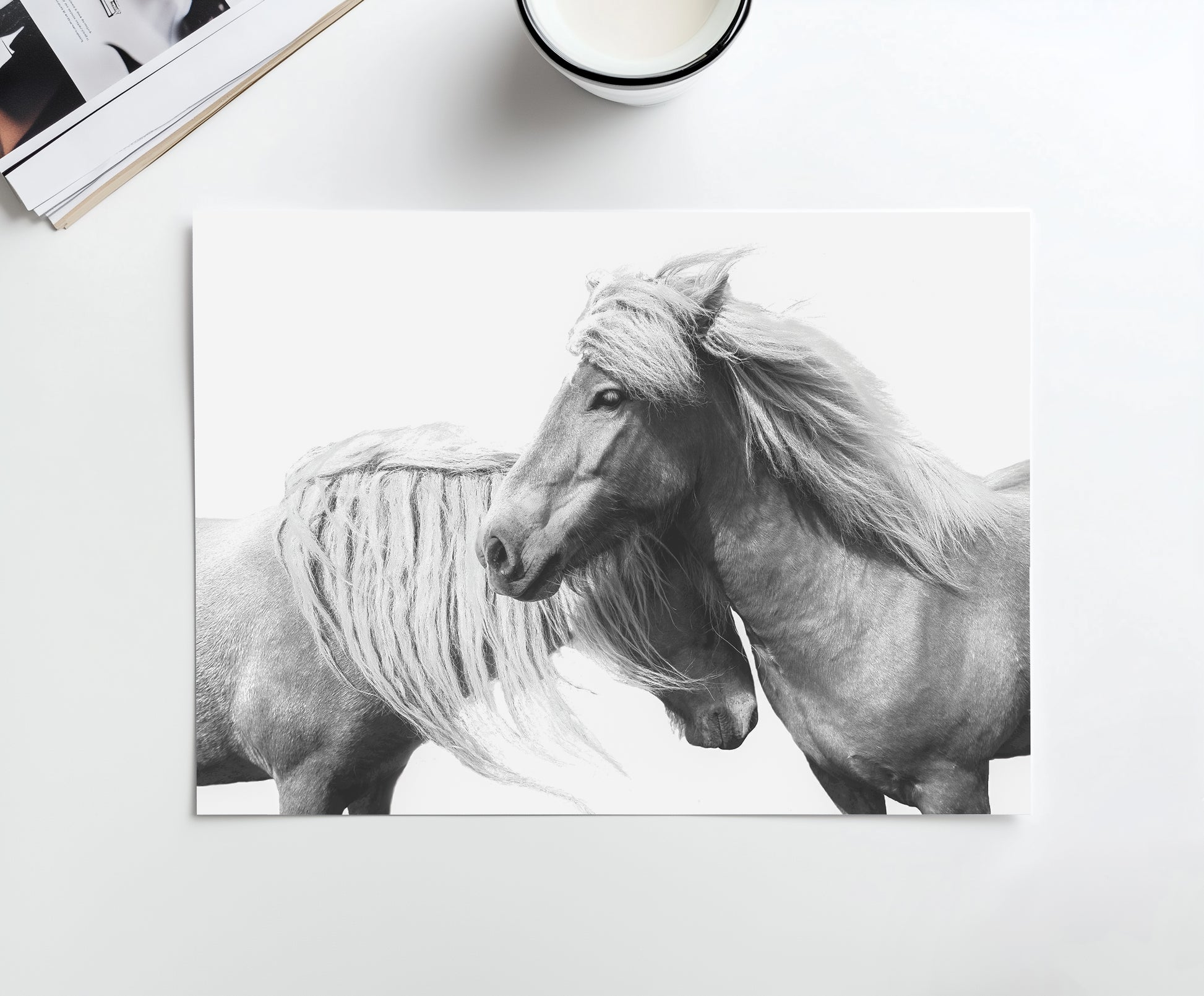 Black-and-white art print of two still wild horses with flowing manes, perfect for rustic farmhouse or equestrian-inspired decor.