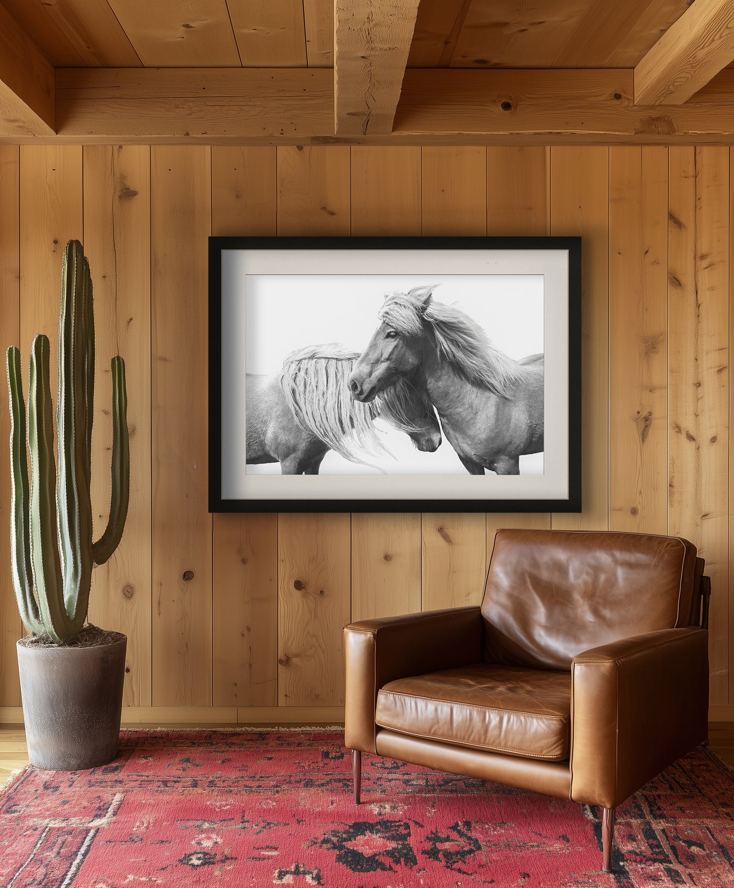 Black-and-white art print of two still wild horses with flowing manes, perfect for rustic farmhouse or equestrian-inspired decor.