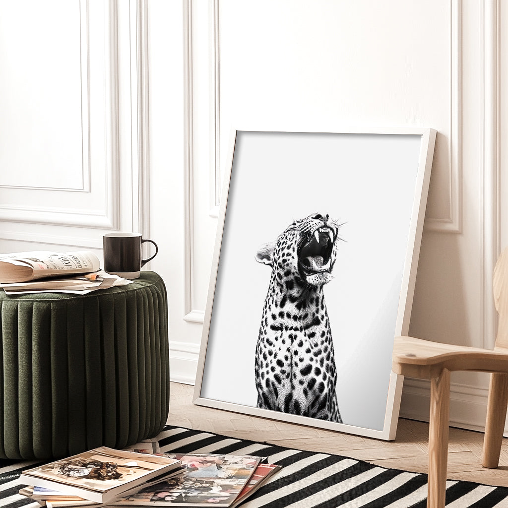 A striking black-and-white art print of a roaring leopard, perfect for modern and minimalist interiors.