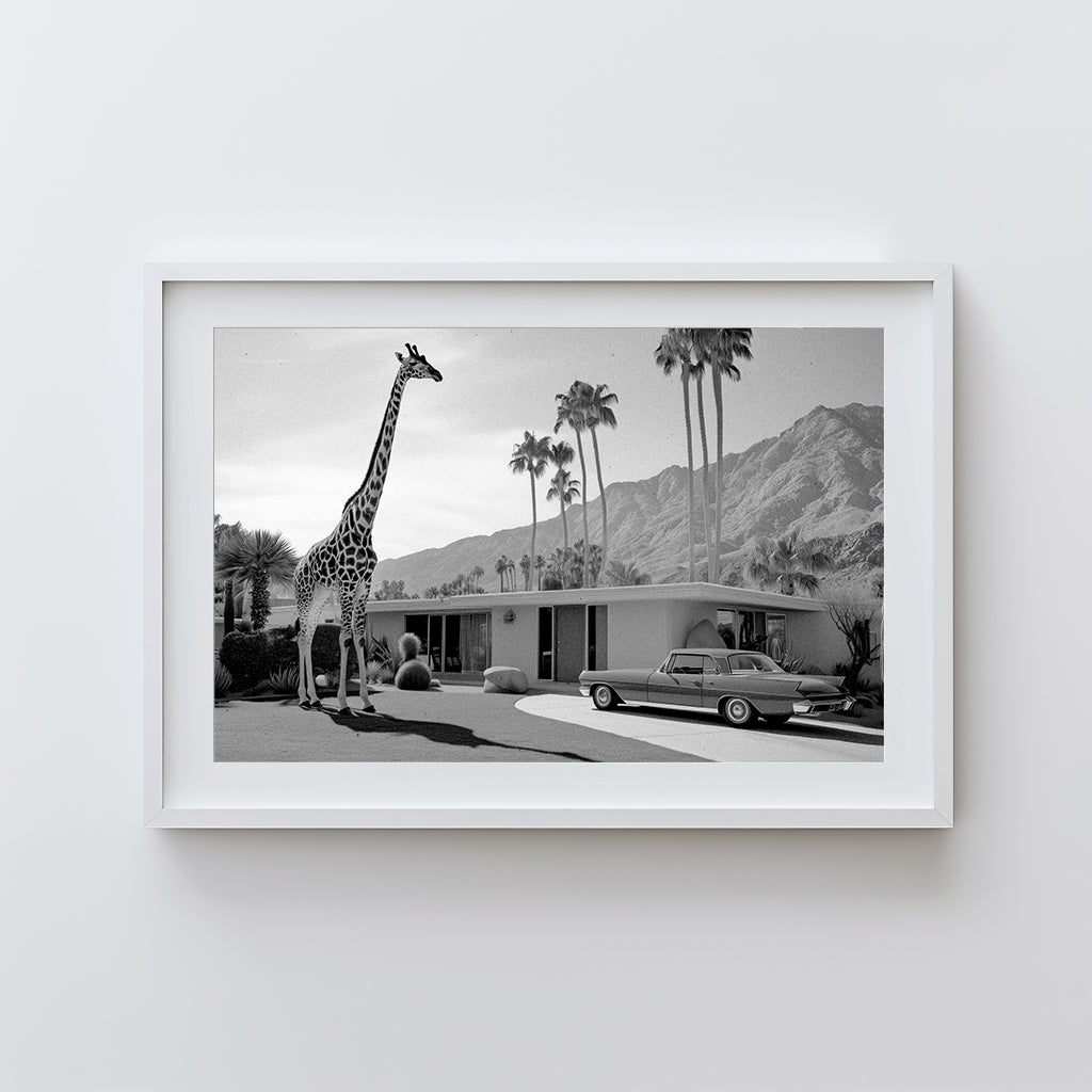 A black-and-white vintage-inspired photograph featuring a giraffe standing next to a classic Palm Springs mid-century home with a retro car and desert backdrop, part of the Palm Springs Menagerie series.