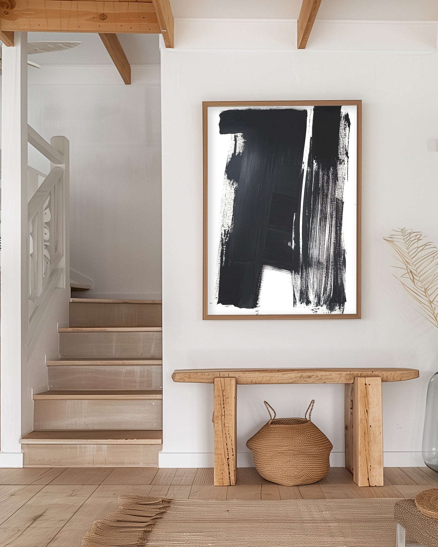 Abstract monochrome art print with bold black and white brush strokes for a modern, minimalist interior wall decor.
