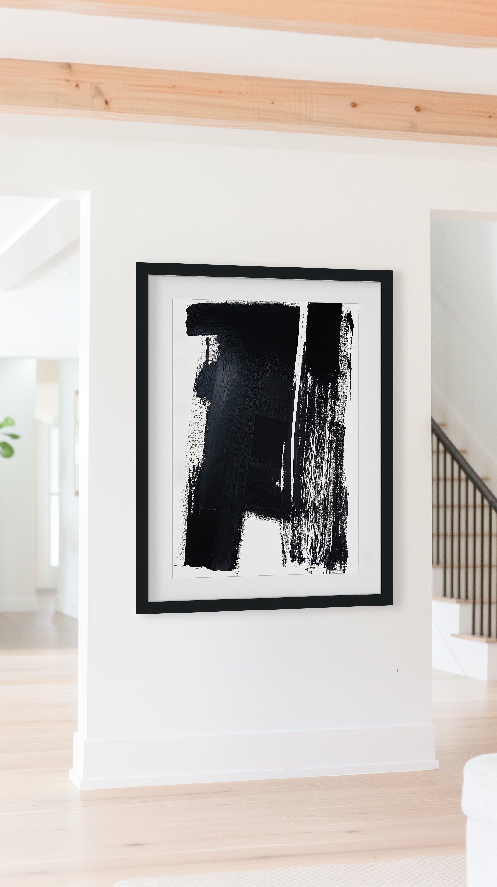 Abstract monochrome art print with bold black and white brush strokes for a modern, minimalist interior wall decor.
