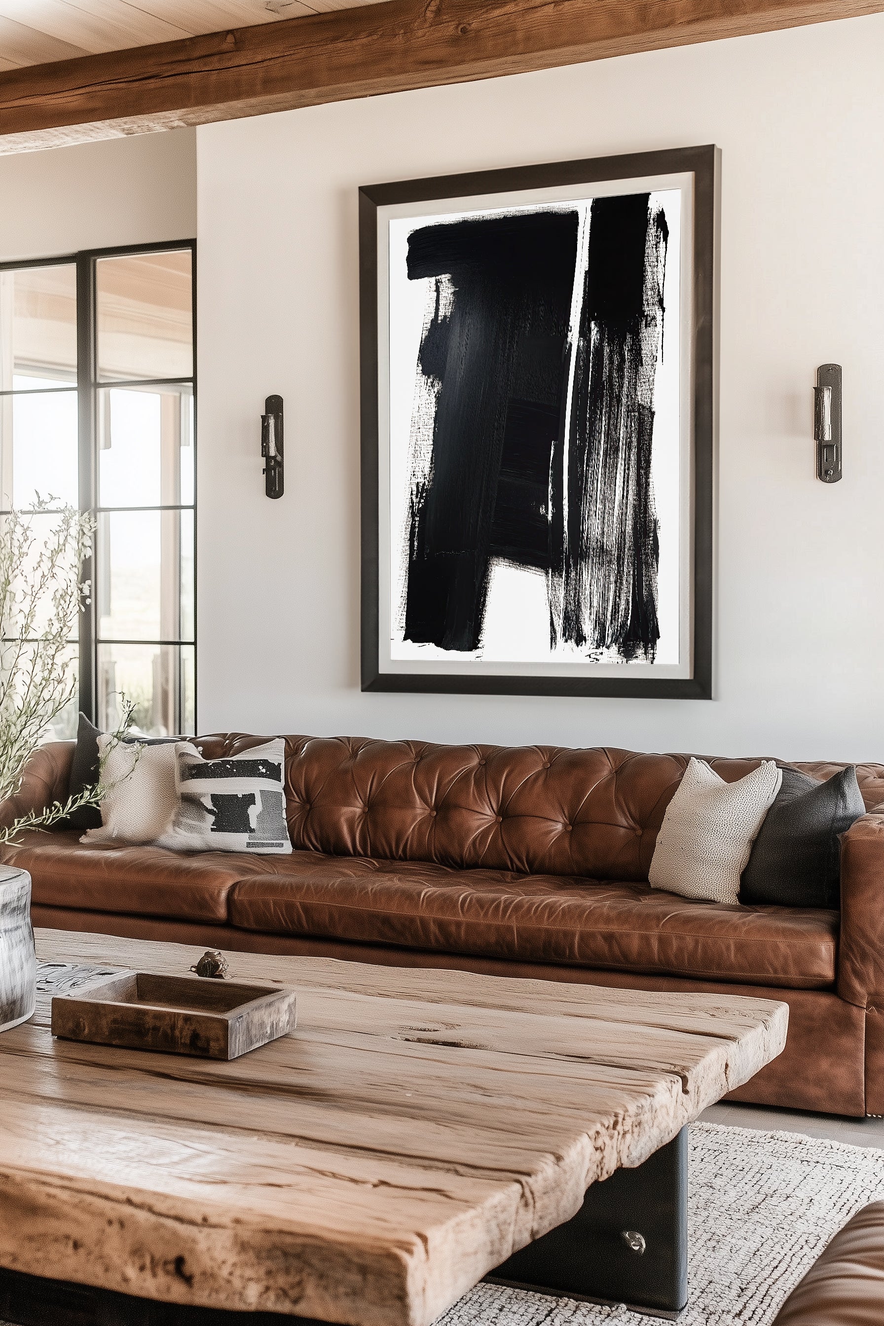 Abstract monochrome art print with bold black and white brush strokes for a modern, minimalist interior wall decor.
