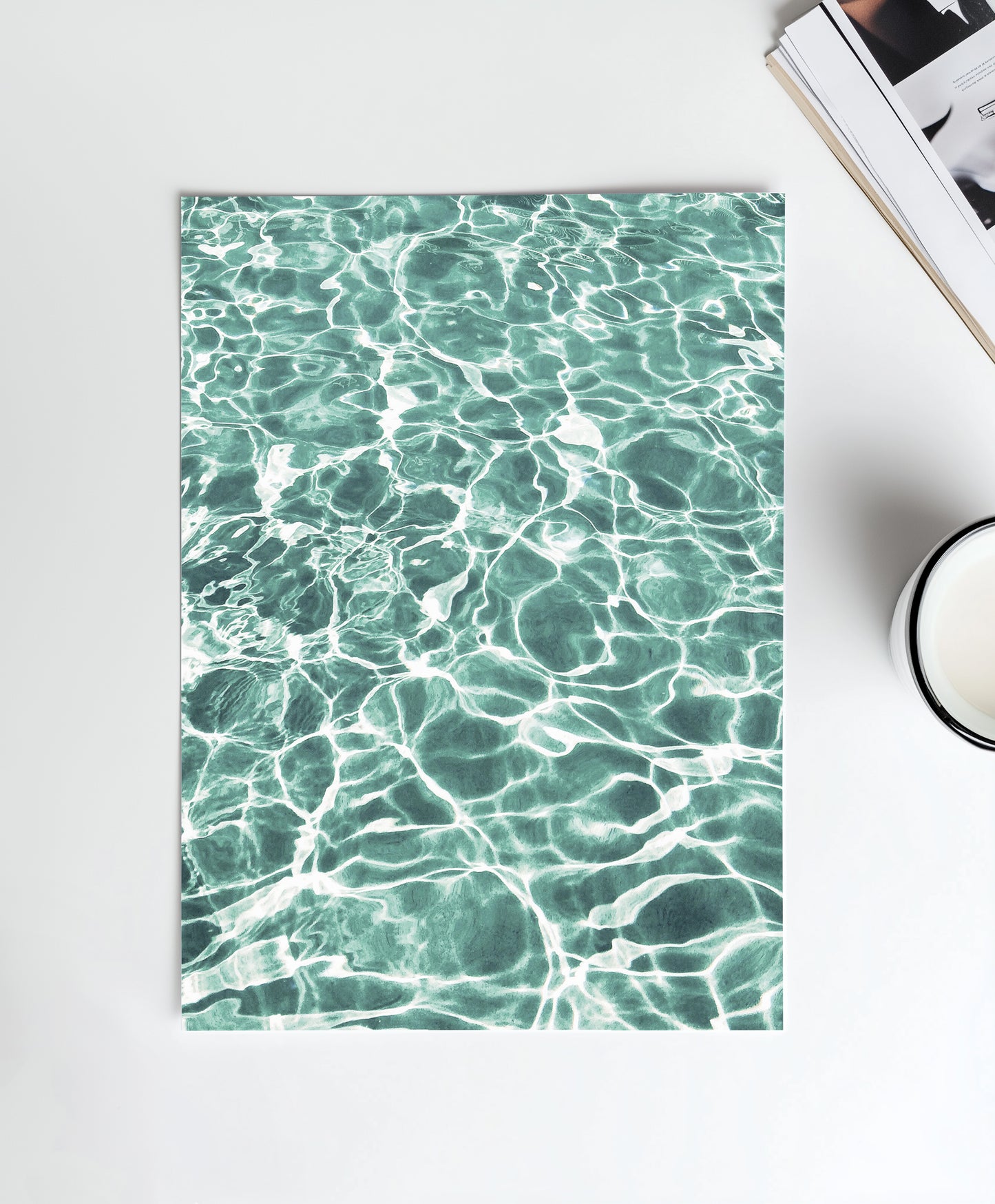 Abstract green aquatic artwork featuring serene pool reflections and organic wave-like patterns, perfect for modern coastal or minimalist interiors.